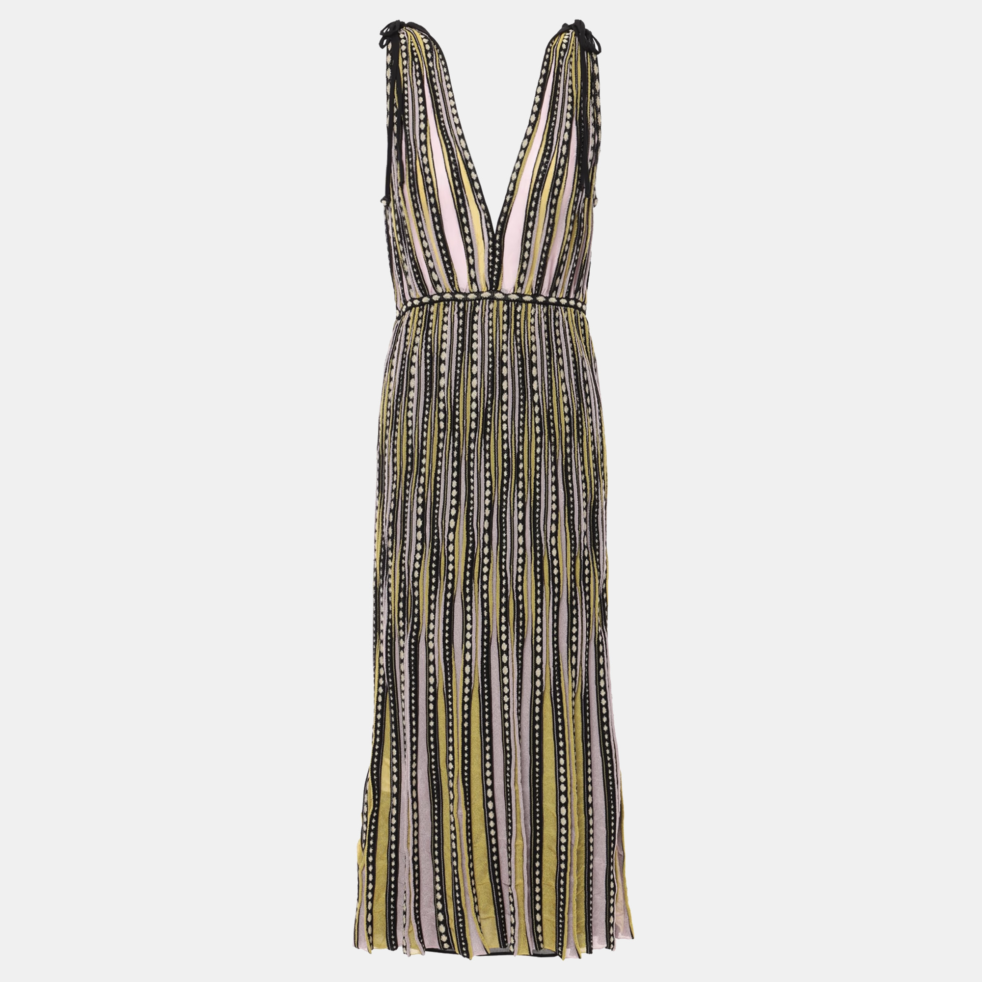 Pre-owned M Missoni Yellow / Black Patterned Lurex Knit Sleeveless Midi Dress L