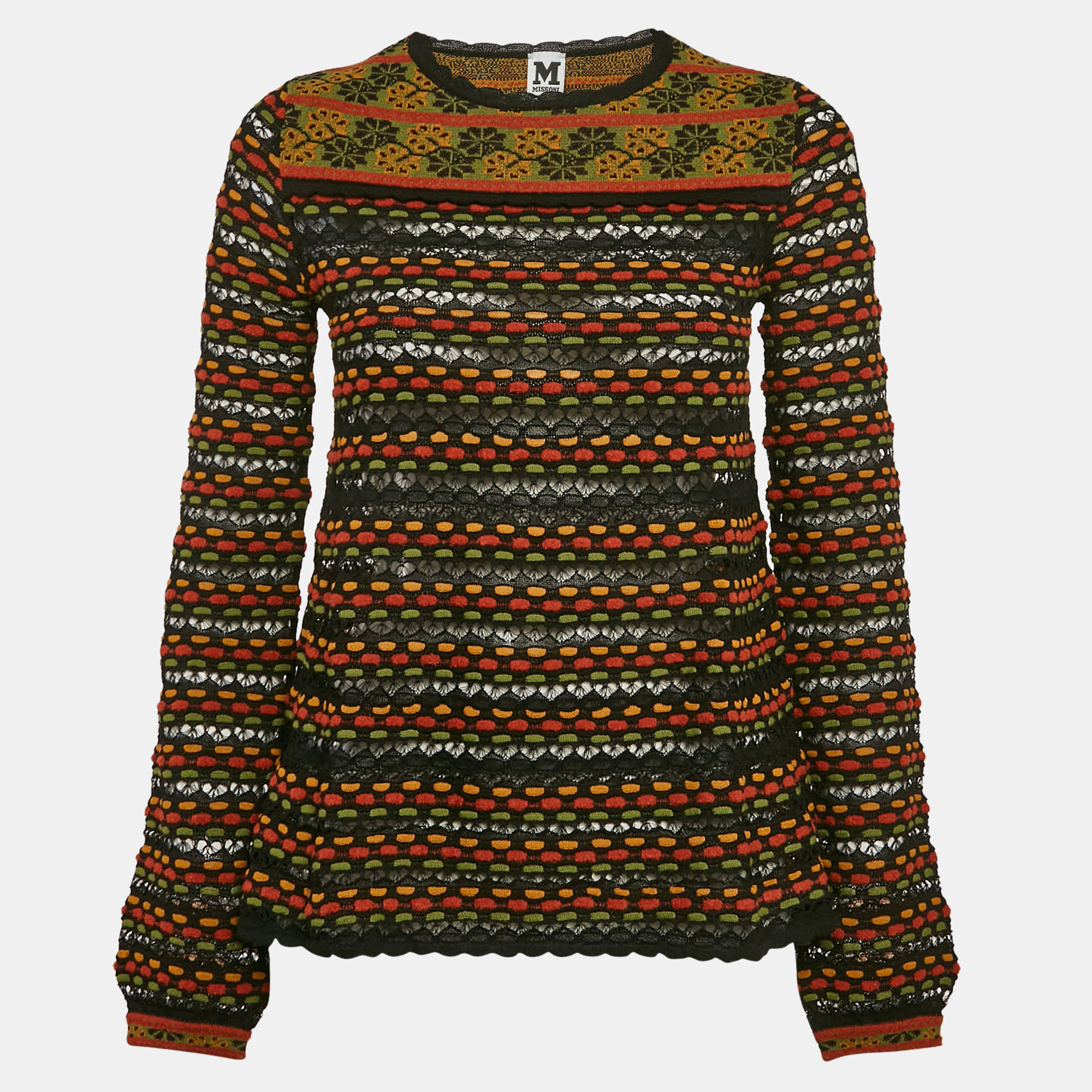 Pre-owned M Missoni Black/orange Floral Perforated Knit Top S