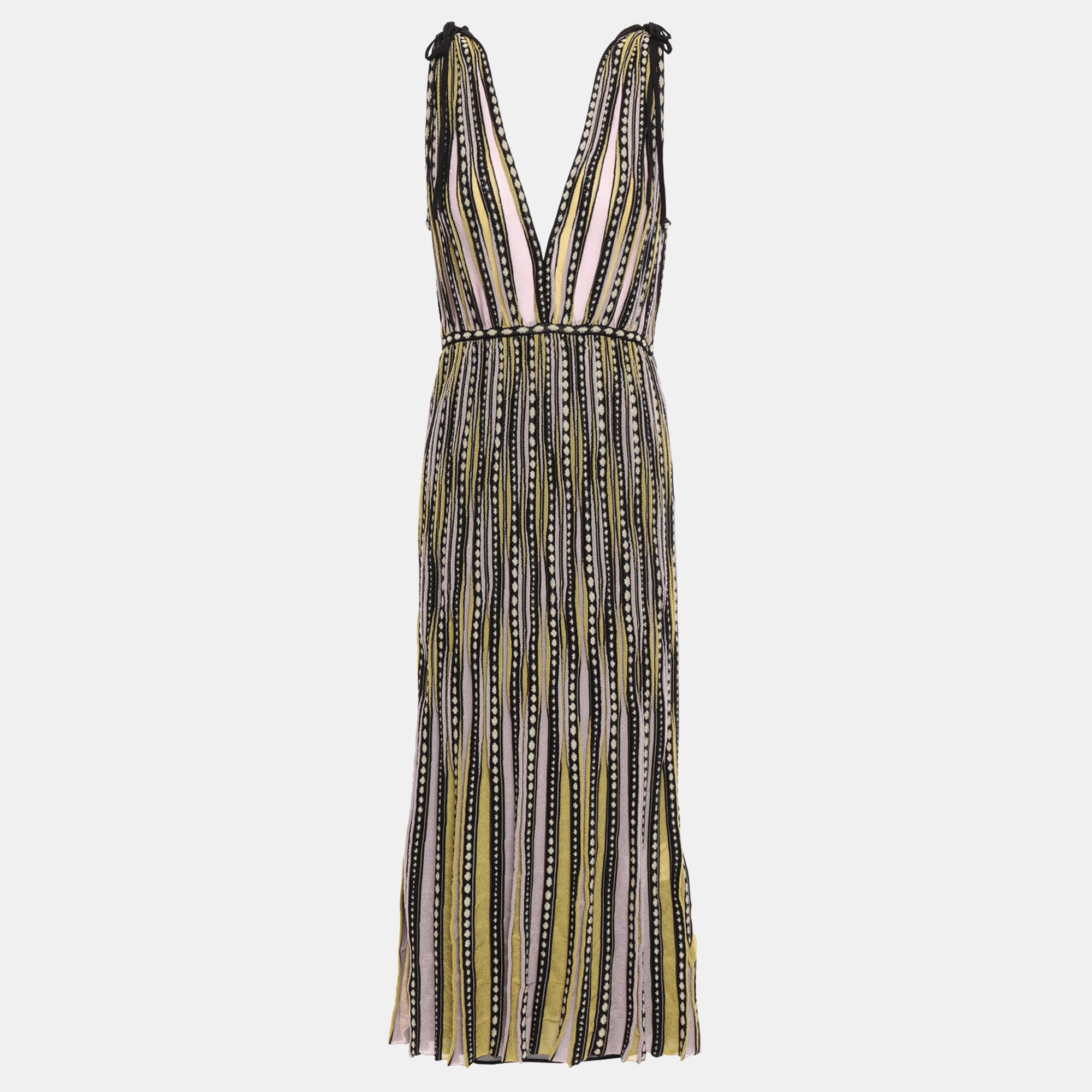Pre-owned M Missoni Yellow / Black Patterned Lurex Knit Sleeveless Midi Dress L