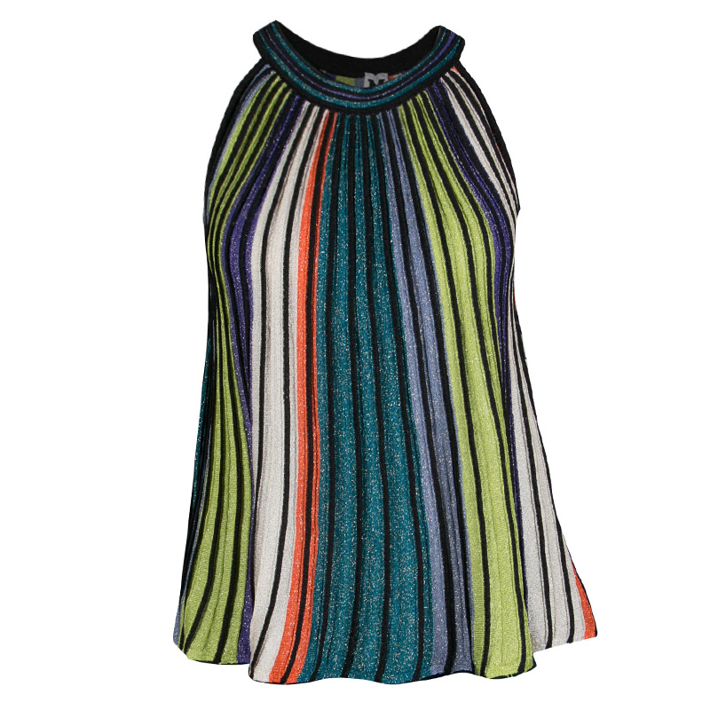 Pre Owned M Missoni Multicolor Striped Lurex Knit Detail Pleated Sleeveless Top S