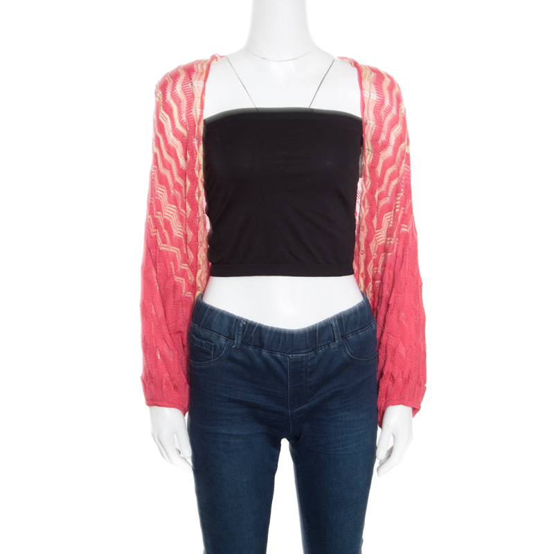 Pre Owned M Missoni Red and Yellow Chevron Patterned Knit Open Front Bolero M