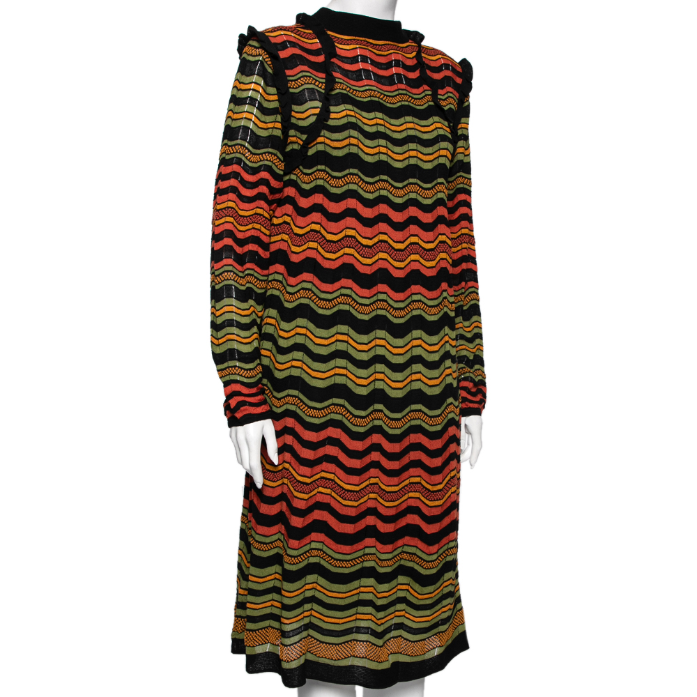 

M Missoni Multicolor Wave Perforated Pattern Knit Ruffle Detailed Midi Dress
