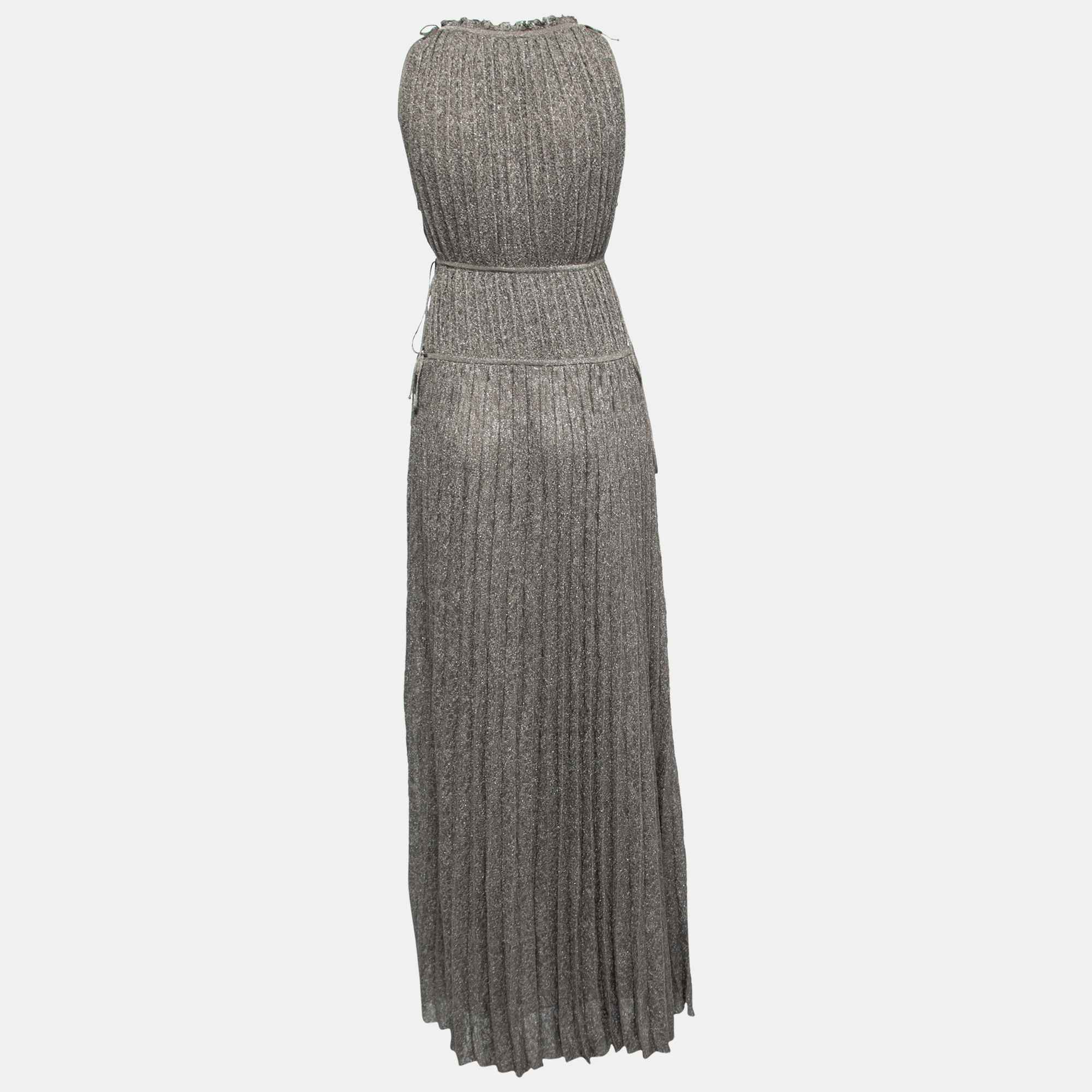 

M Missoni Khaki Green Lurex Knit Pleated Maxi Dress