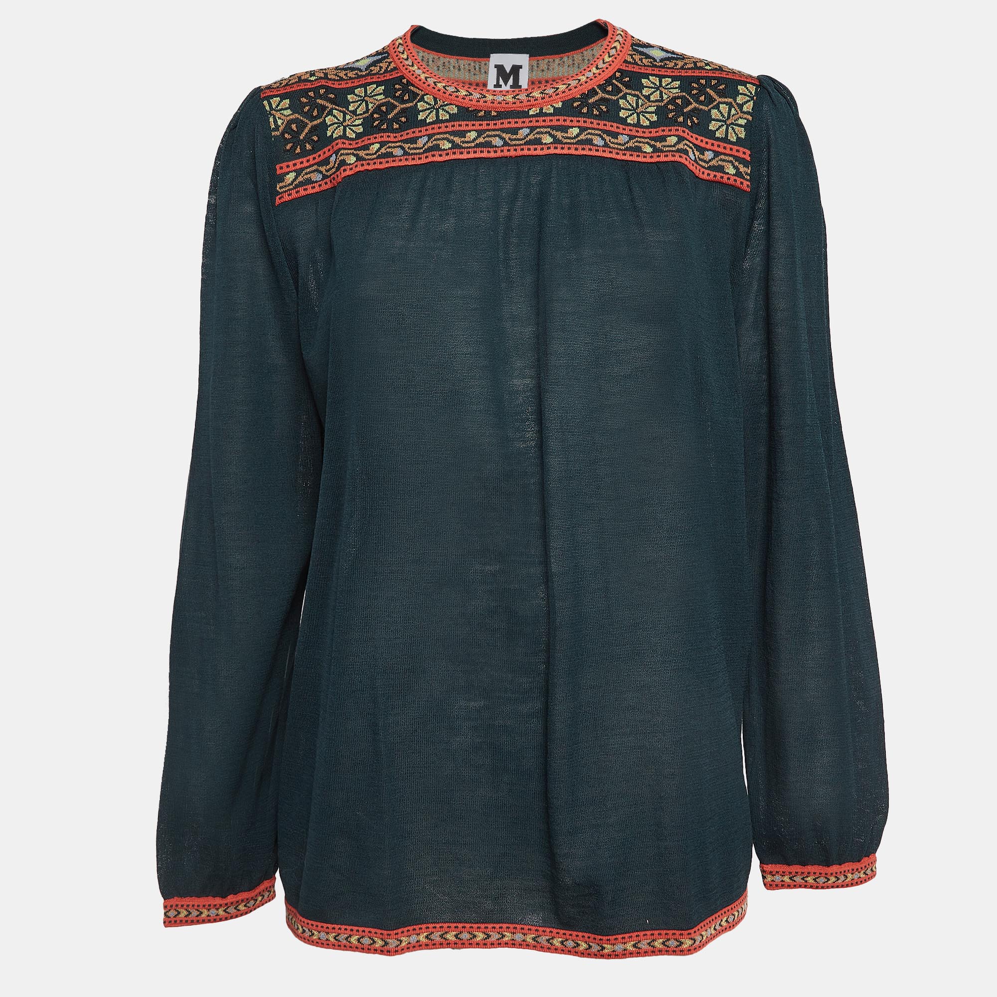 

M Missoni Green Floral Pattern Knit Long Sleeve Top