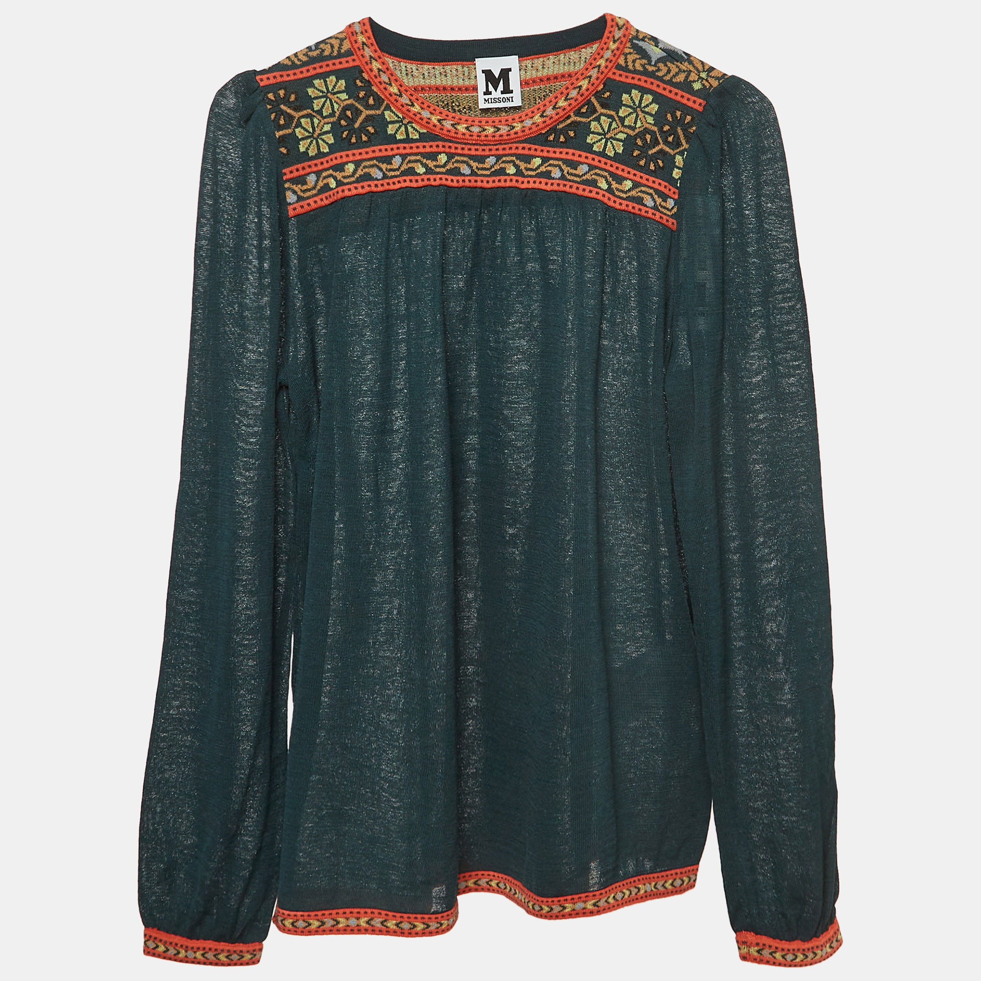

M Missoni Green Patterned Knit Puff Sleeves Top S