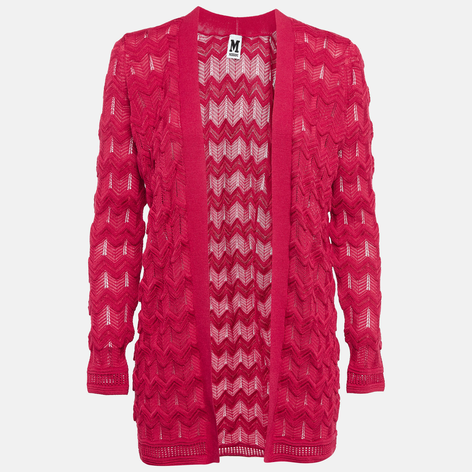 

M Missoni Red Chevron Pattern Knit Open Front Cardigan S