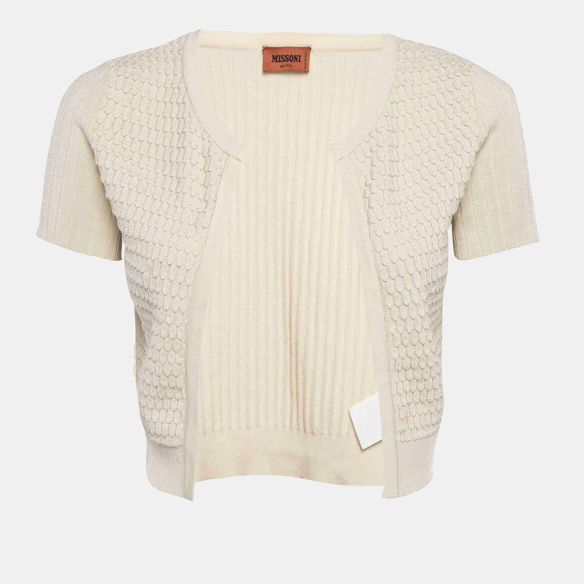 Pre-owned M Missoni Cream Patterned Rib Knit Crop Cardigan M