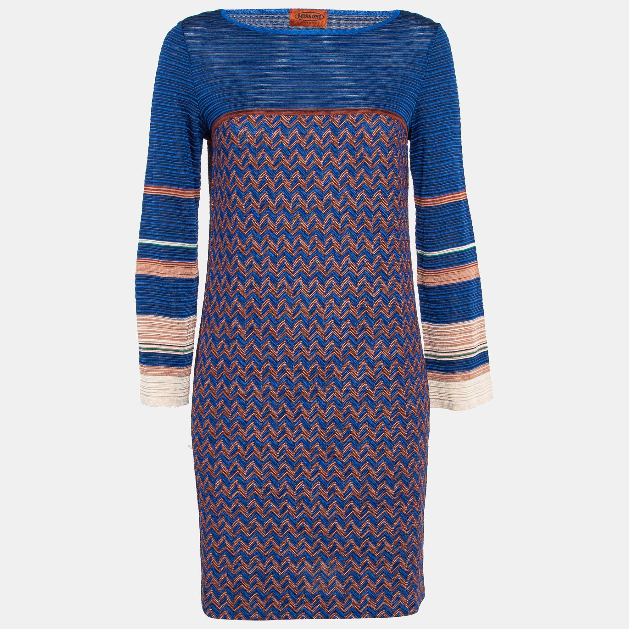 

Missoni Blue Chevron Pattern Knit Full Sleeve Mini Dress S