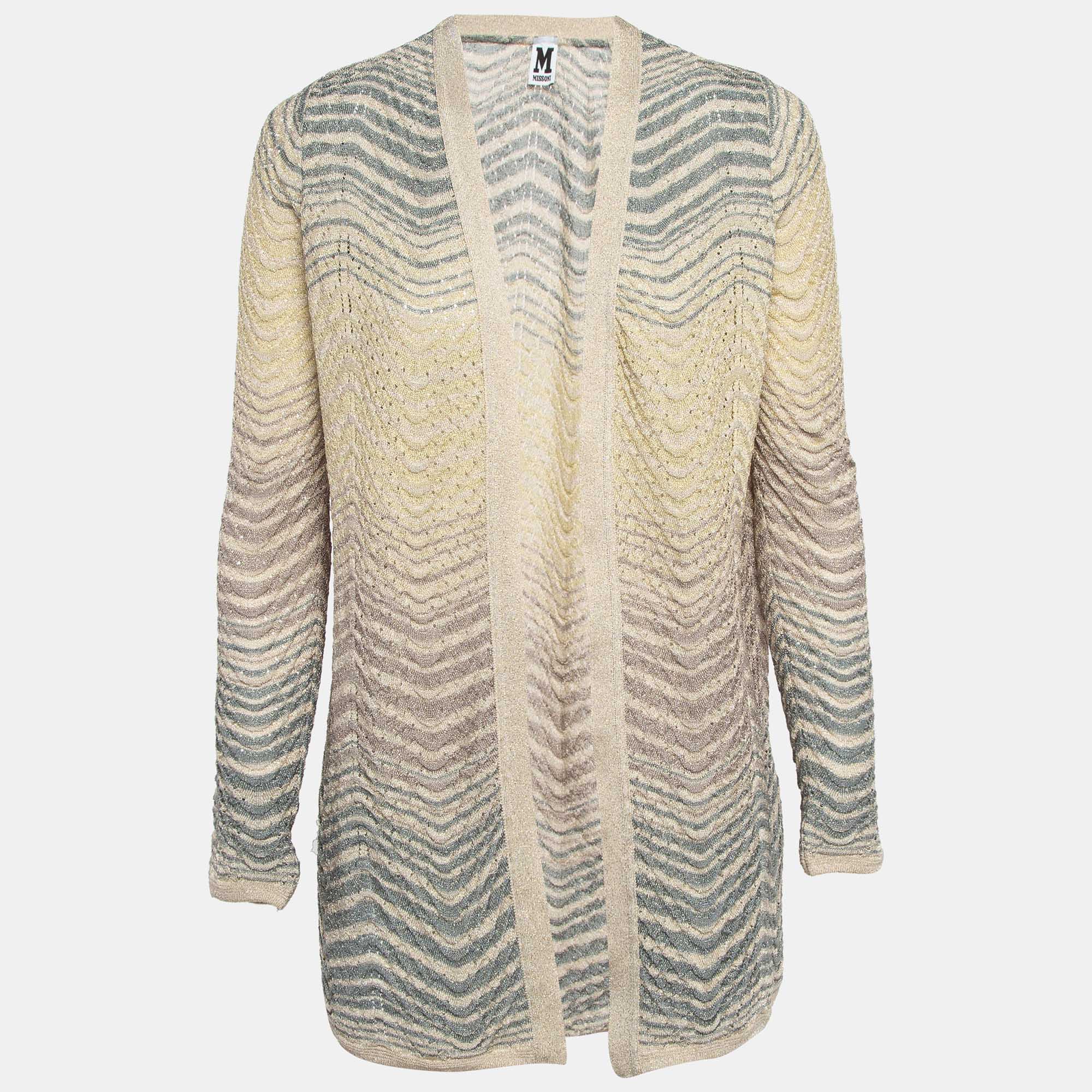 

M Missoni Beige Pinhole/Wave Patterned Knit Cardigan M