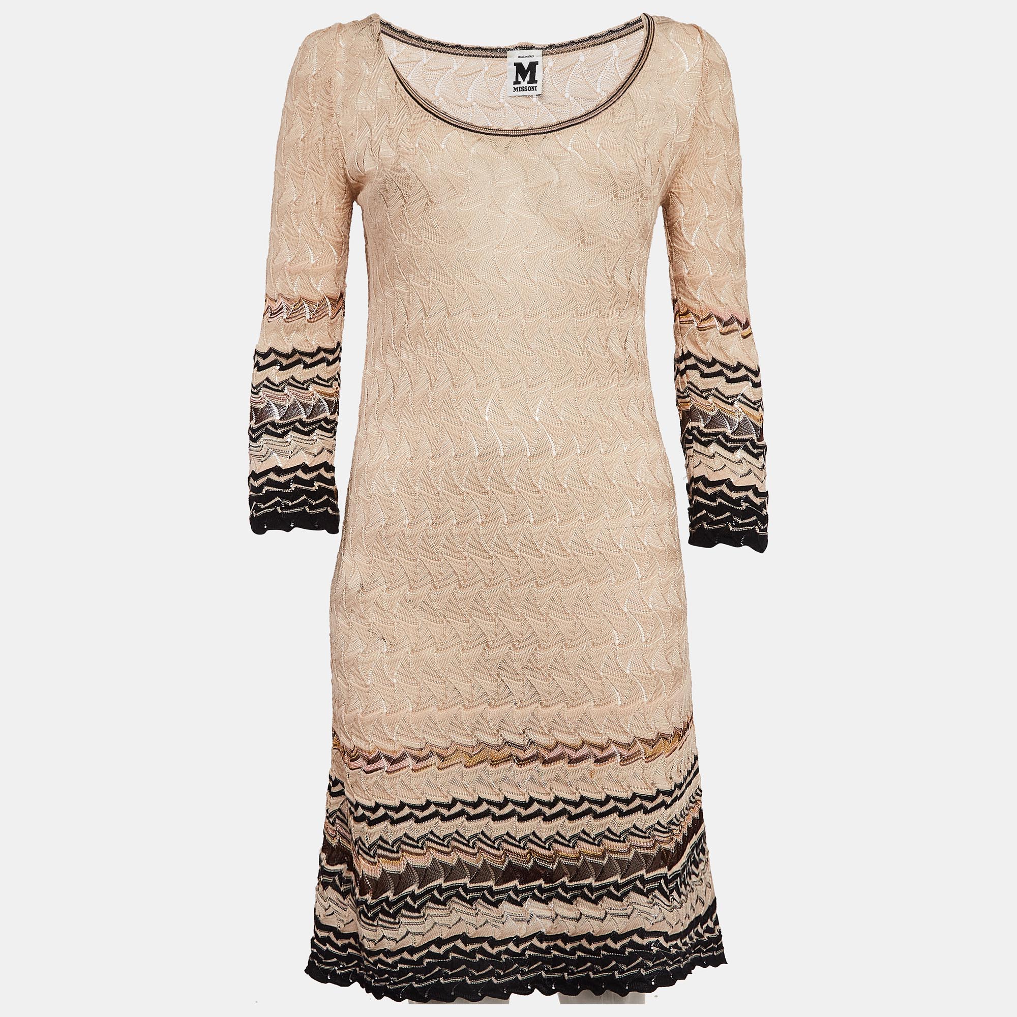 

M Missoni Beige Patterned Knit Round Neck Mini Dress M