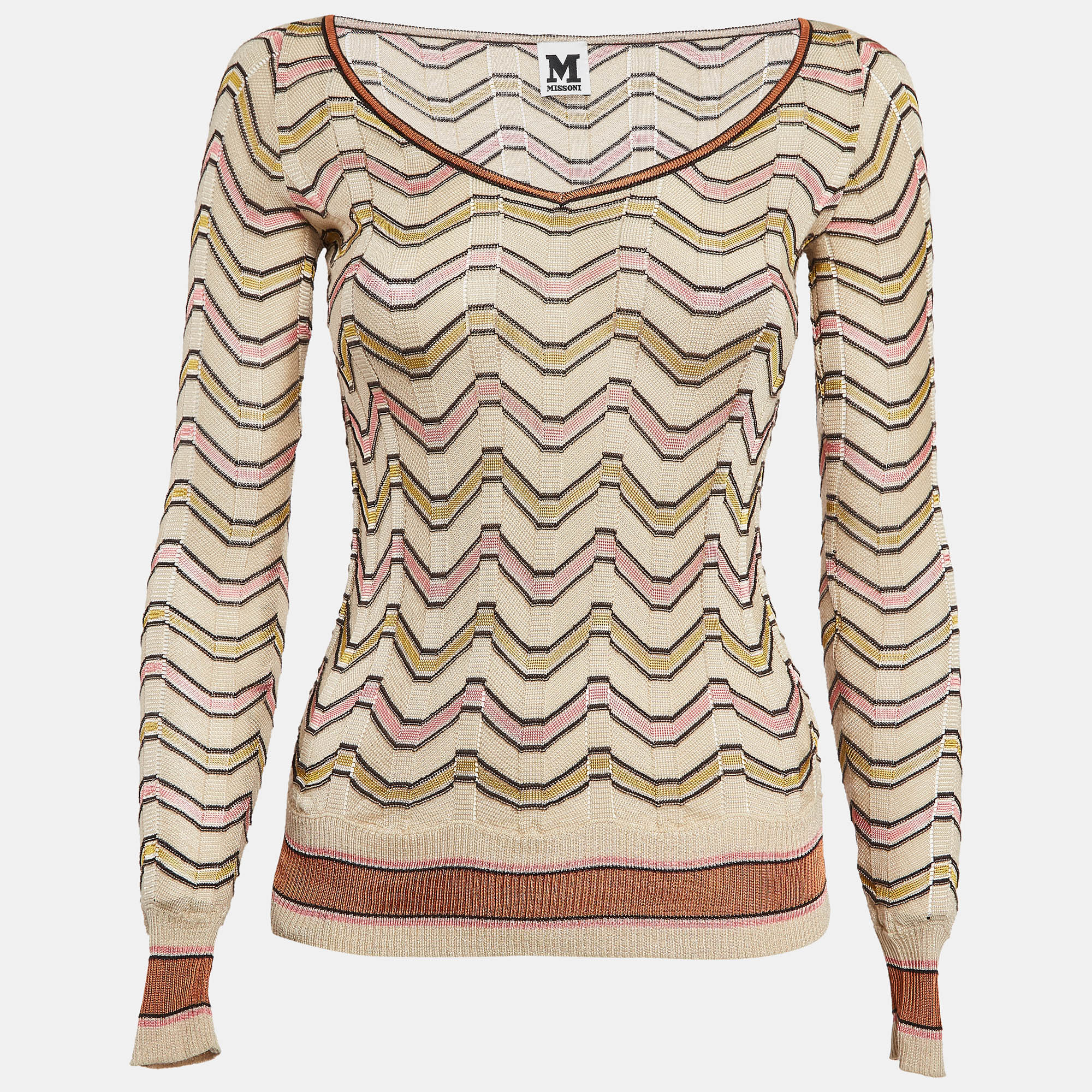 

M Missoni Chevron Pattern Knit V-Neck Sweatshirt S, Cream