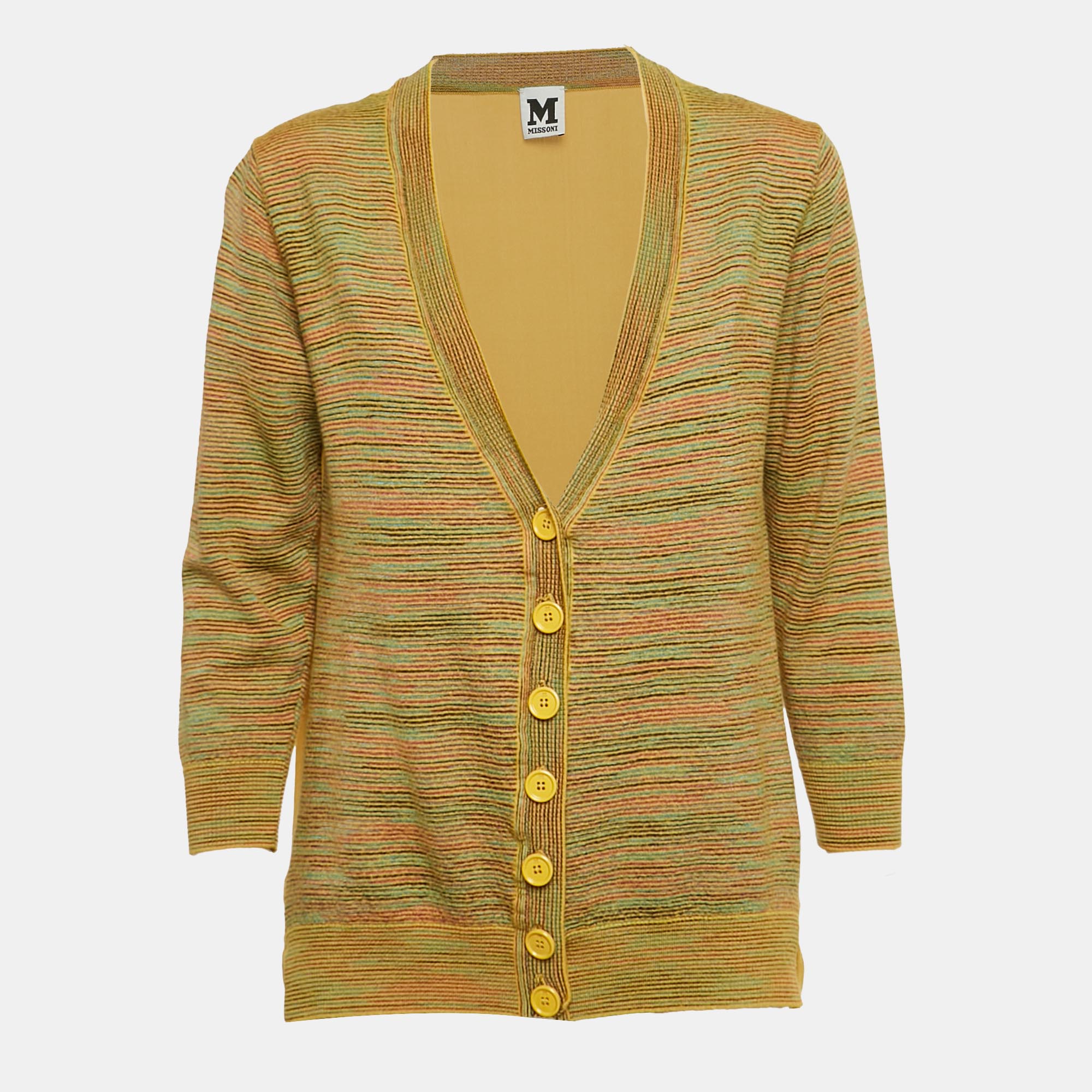 

M Missoni Yellow Stripe Knit and Silk Buttoned Cardigan M