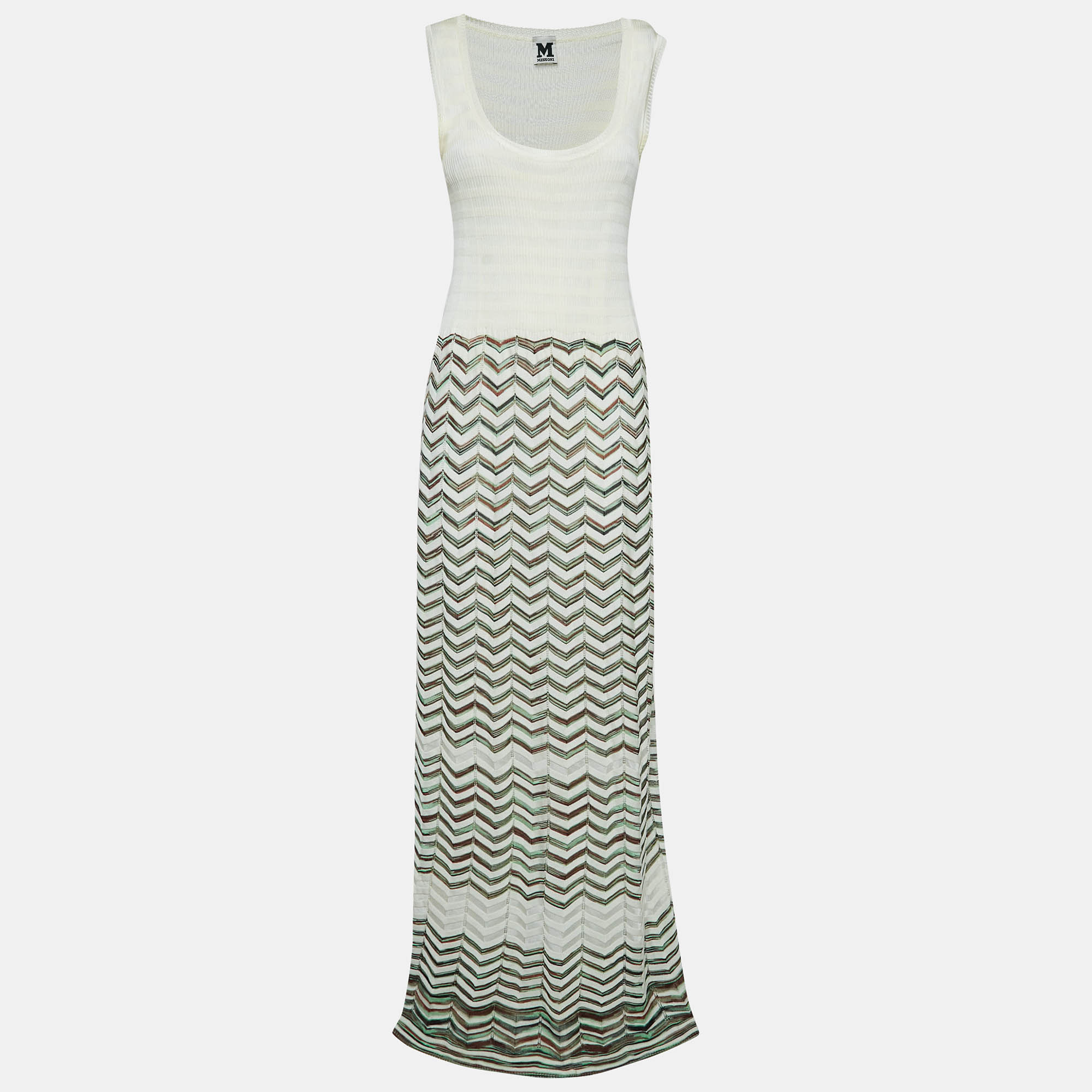 

M Missoni Ivory White Chevron Pattern Knit Sleeveless Maxi Dress L