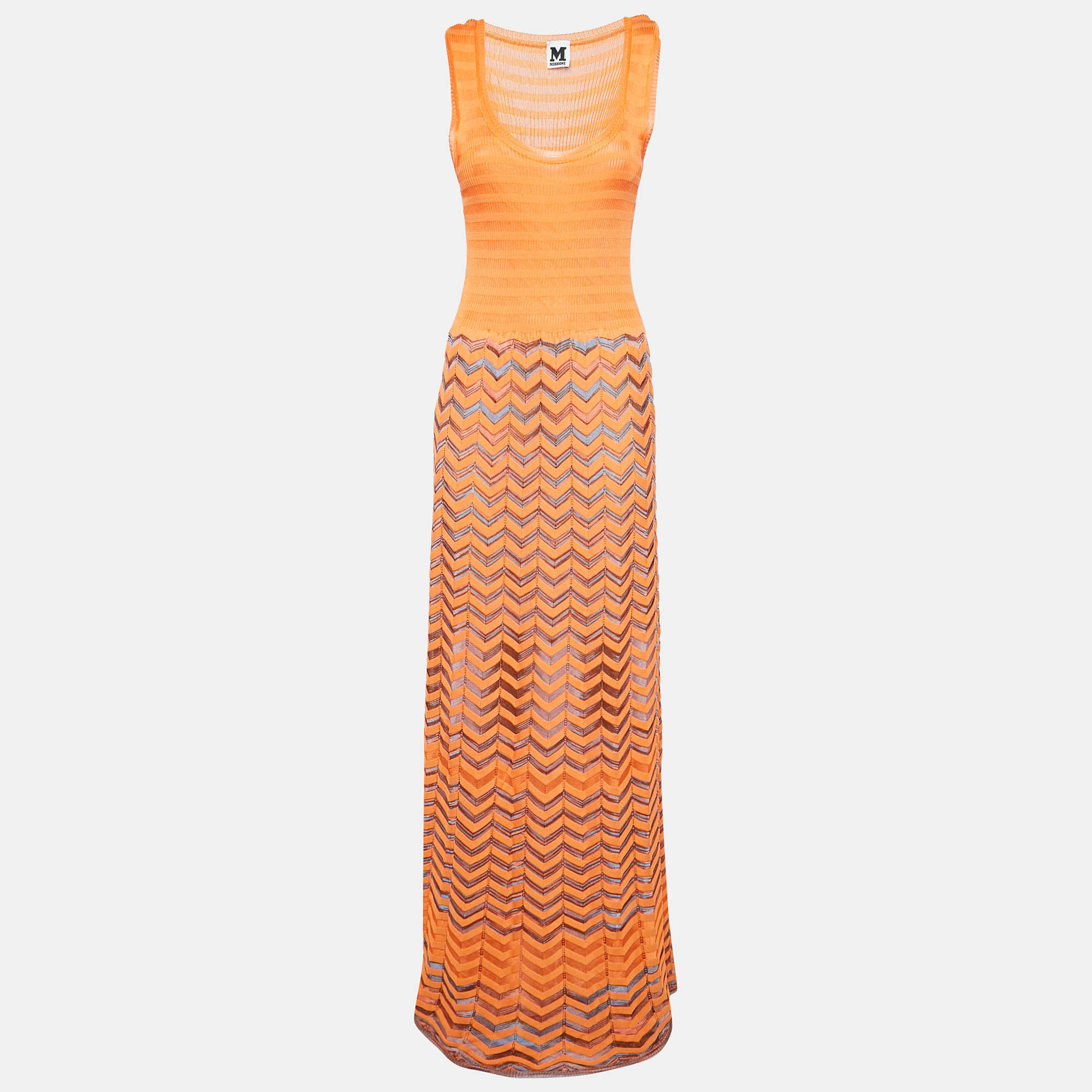 

M Missoni Orange Chevron Knit Sleeveless Maxi Dress L