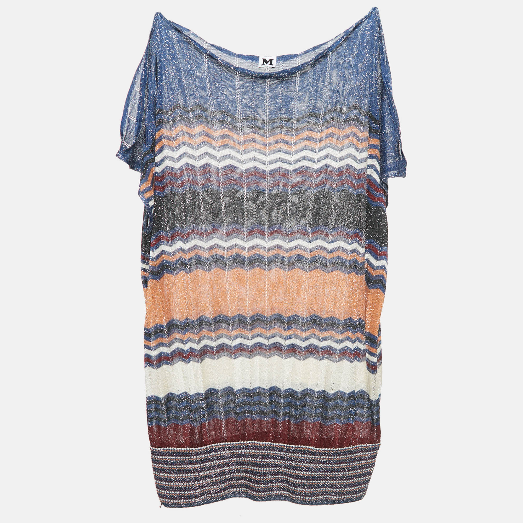 

M Missoni Blue Chevron Lurex Knit Cut-Out Sleeve Sheer Tunic Top L