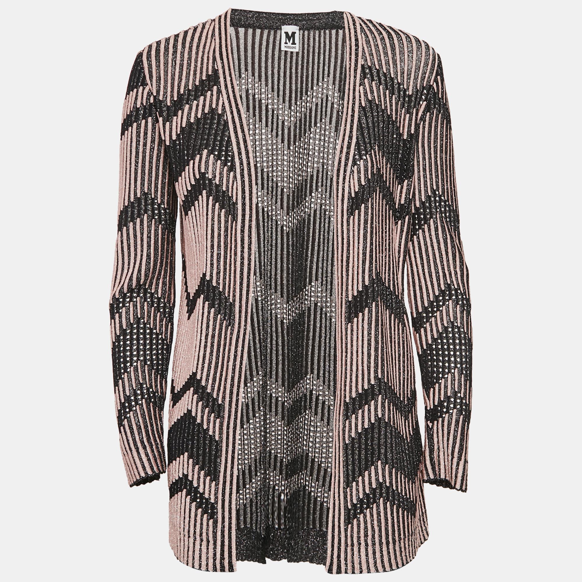 

M Missoni Black/Pink Stripe Lurex Knit Front Open Cardigan S