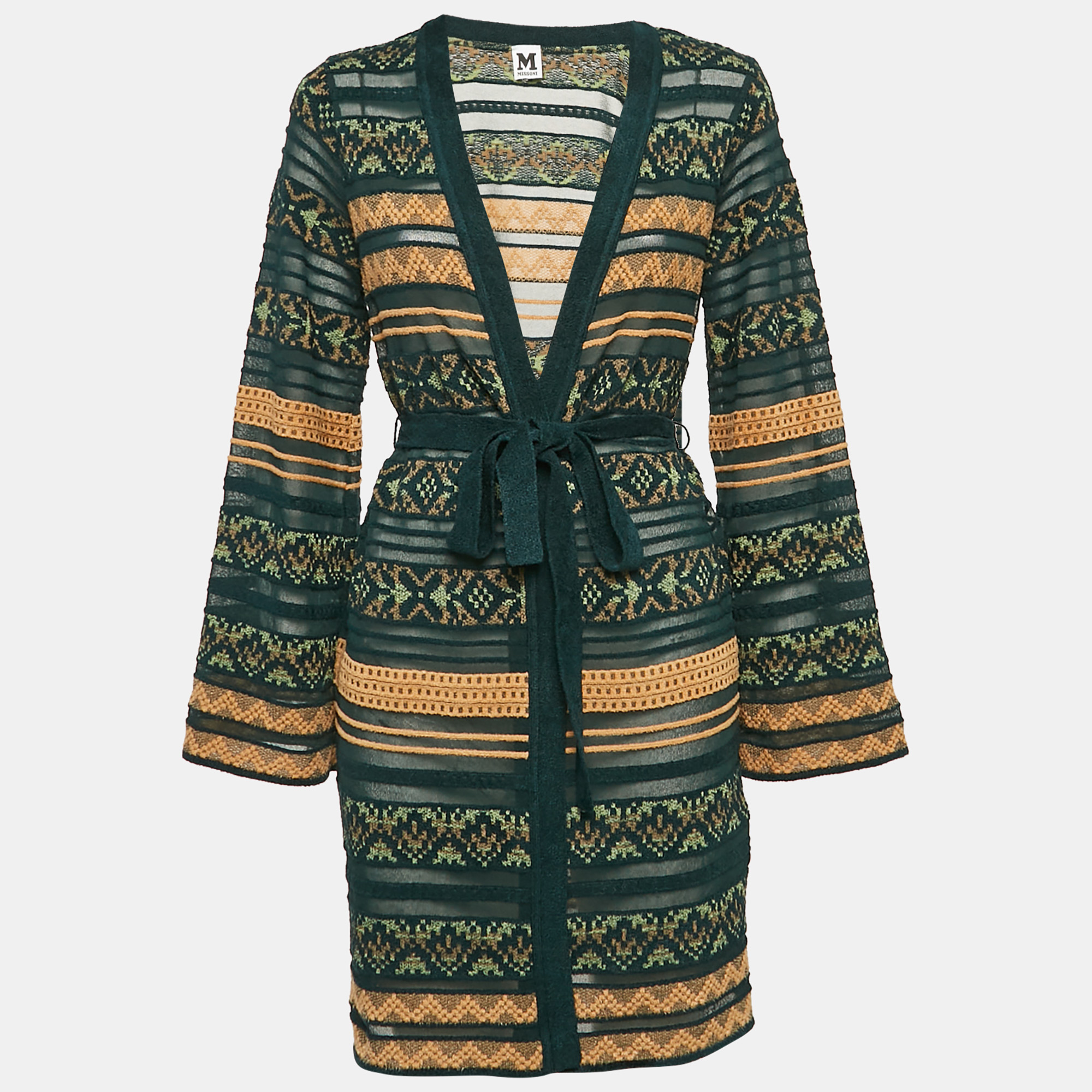 

M Missoni Green Stripe Knit Belted Long Cardigan M