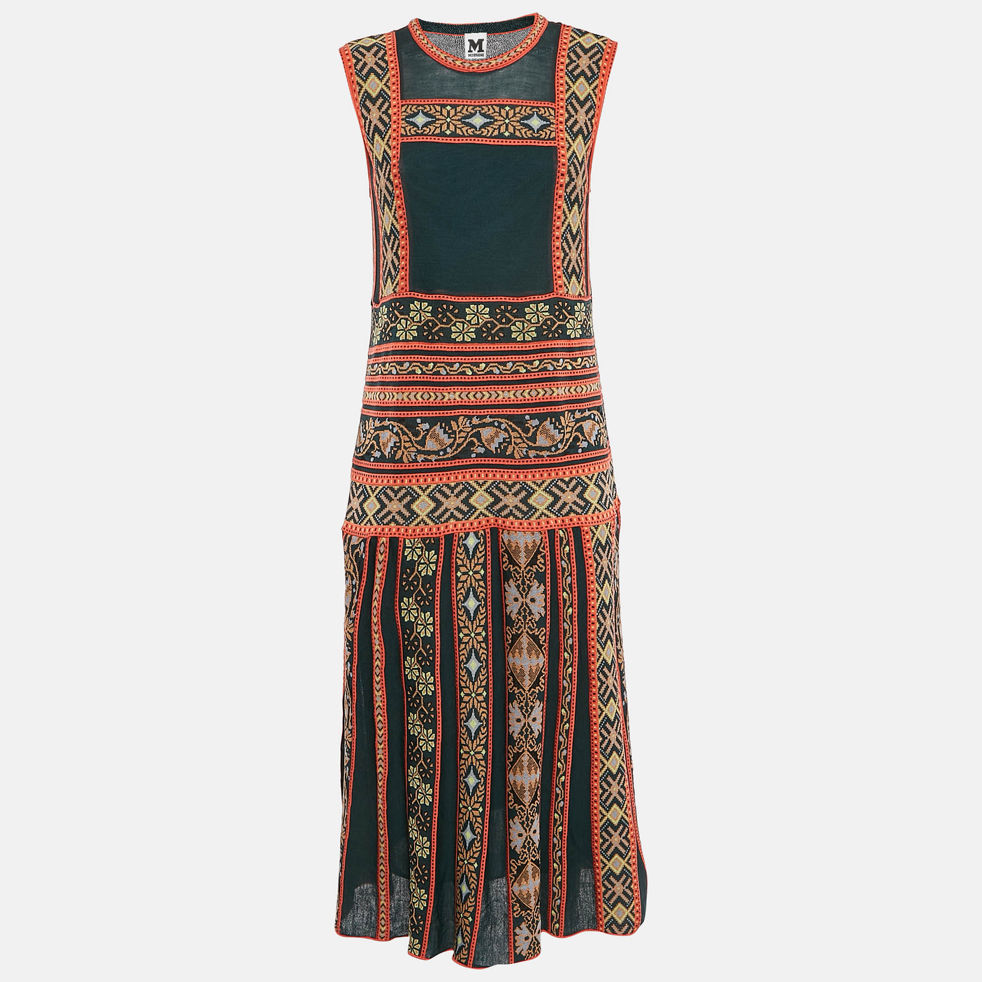 

M Missoni Green Patterned Knit Sleeveless Midi Dress L