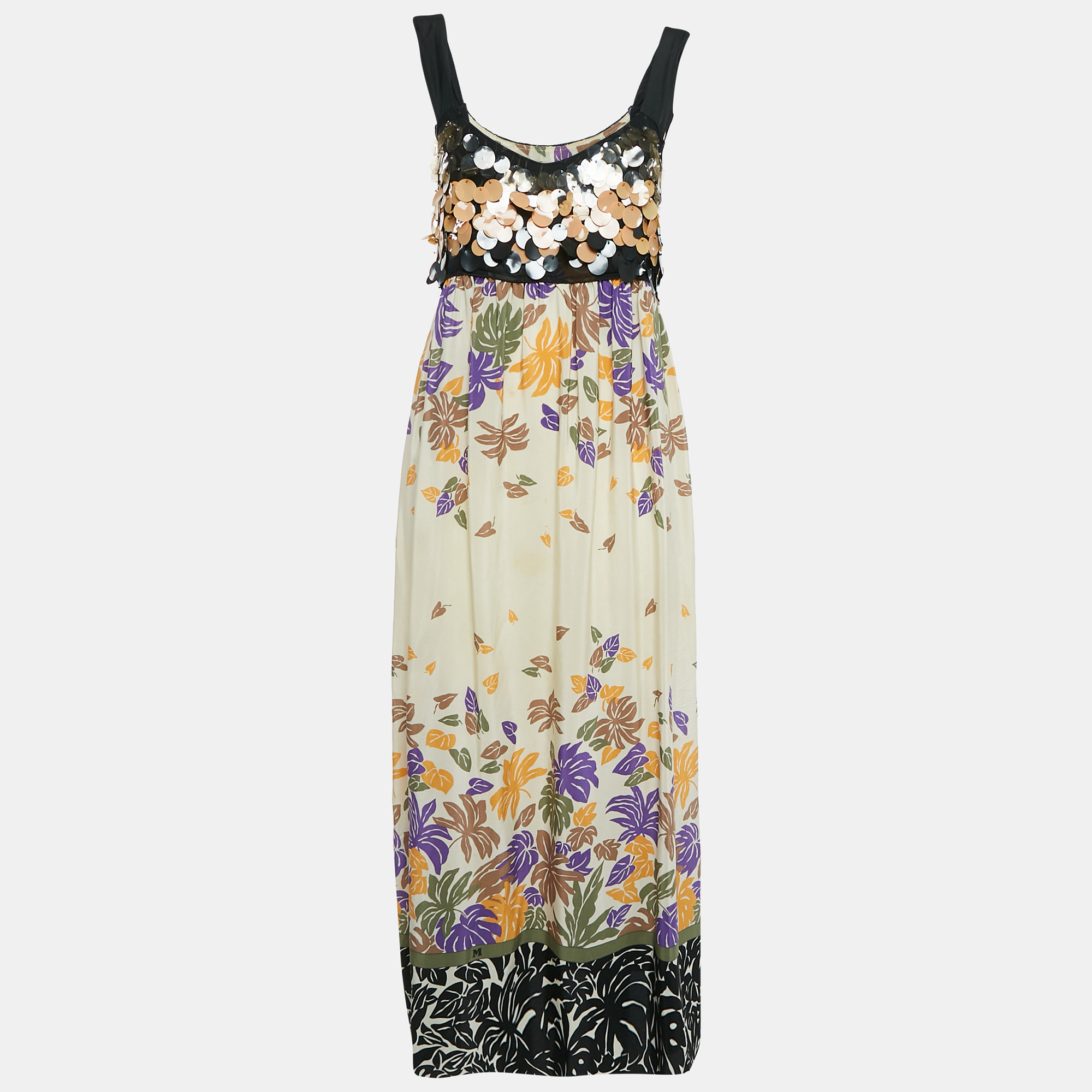 

M Missoni Leaf Print Silk Sequin Detail Sleeveless Long Dress M, Multicolor