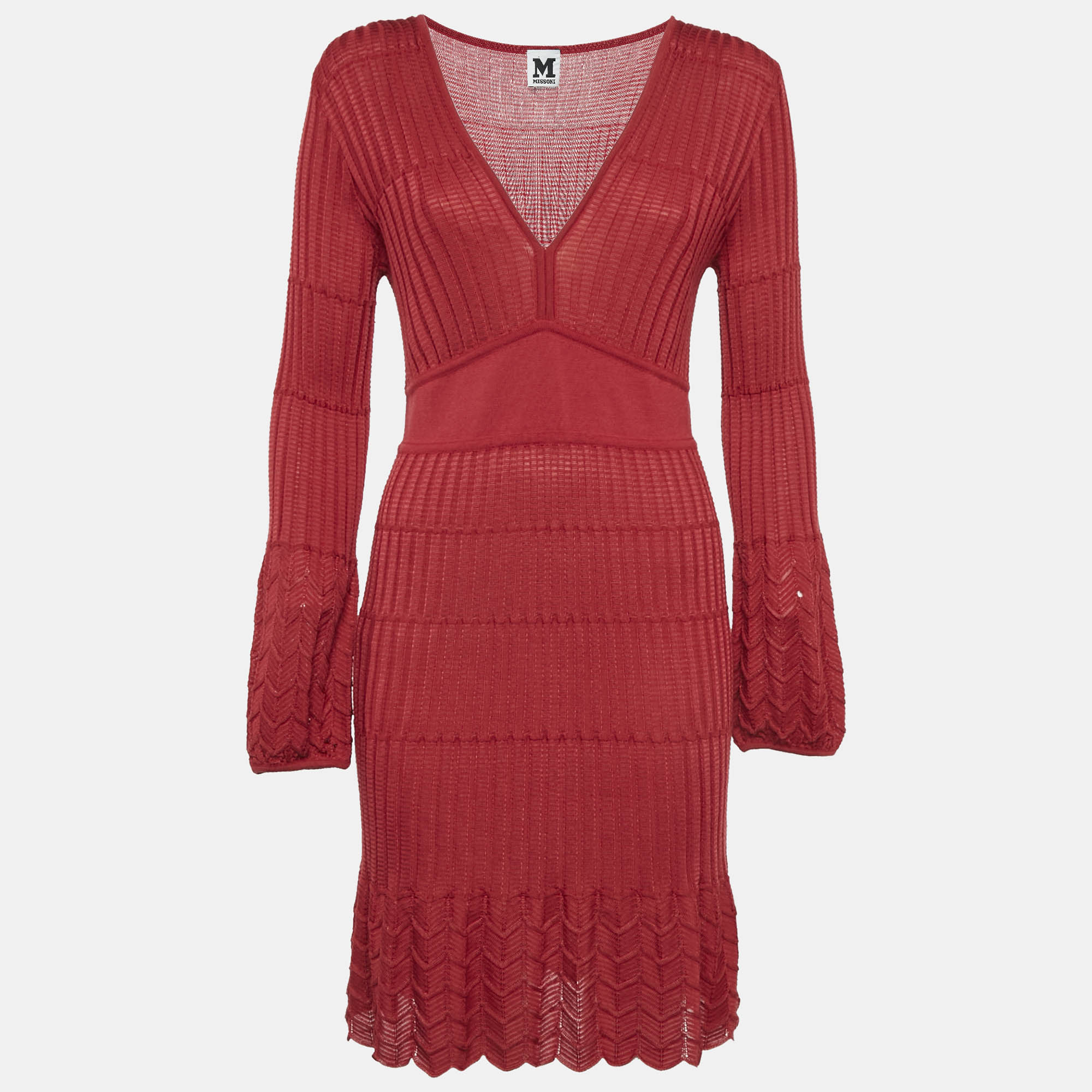 

M Missoni Red Patterned Knit V-Neck Midi Dress M