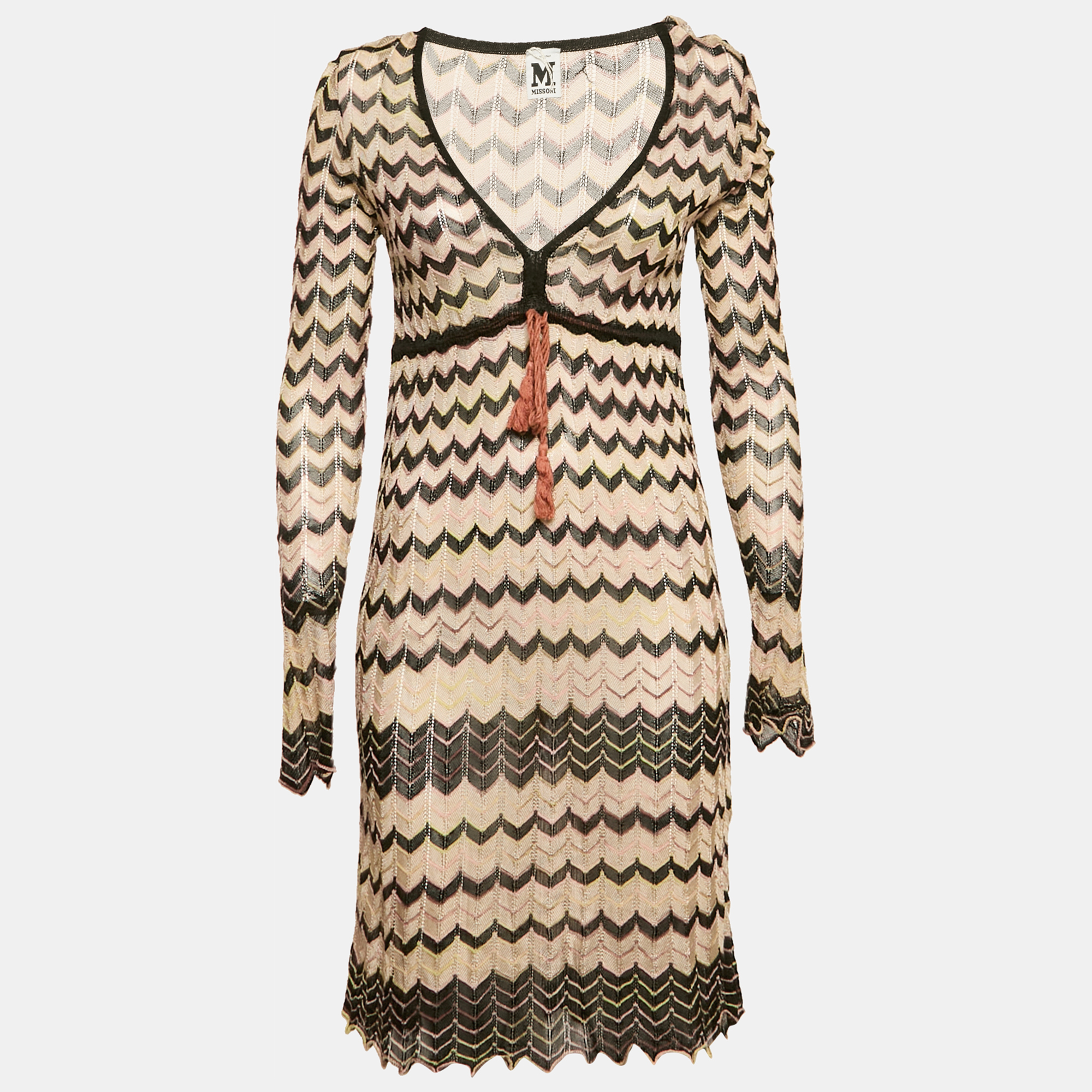 

M Missoni Brown Chevron Pattern Knit V-Neck Short Dress M