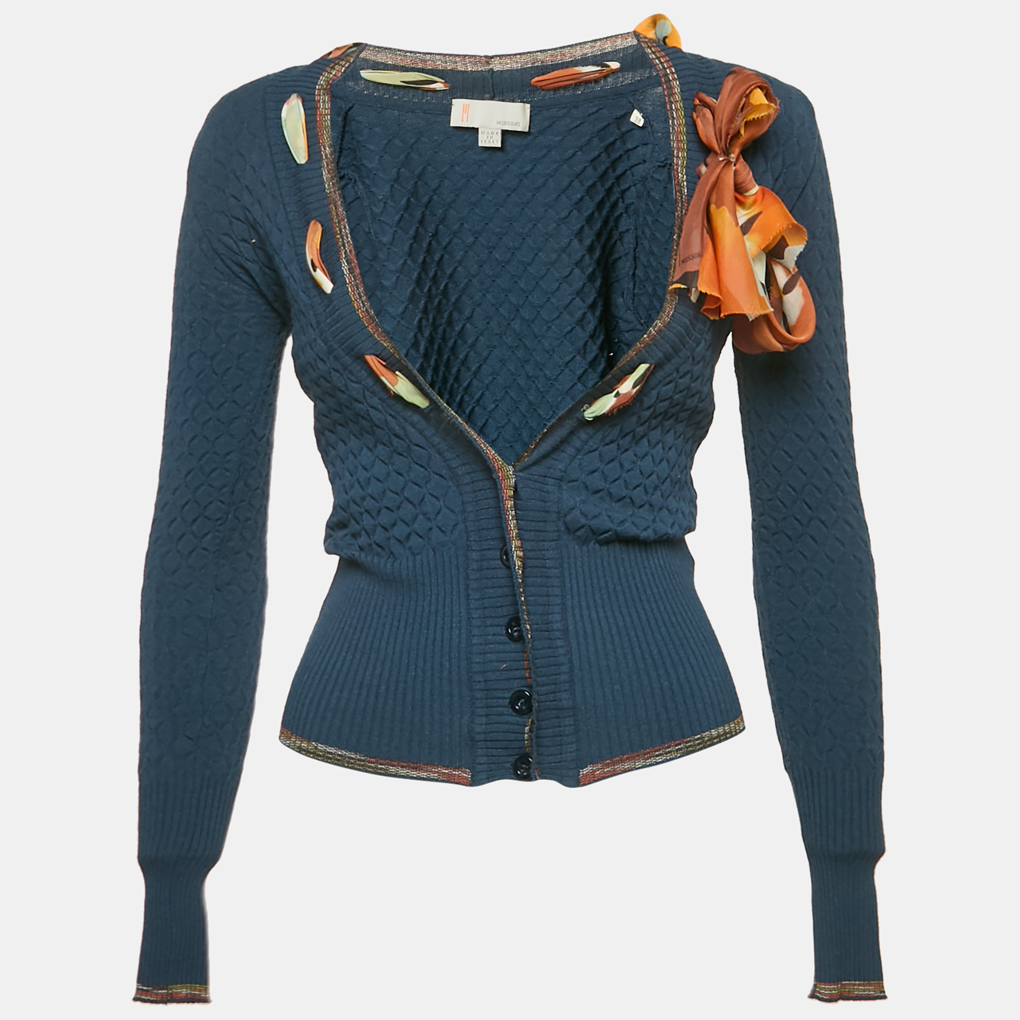 

M Missoni Navy Blue Textured Knit Ribbon Detail Cardigan S