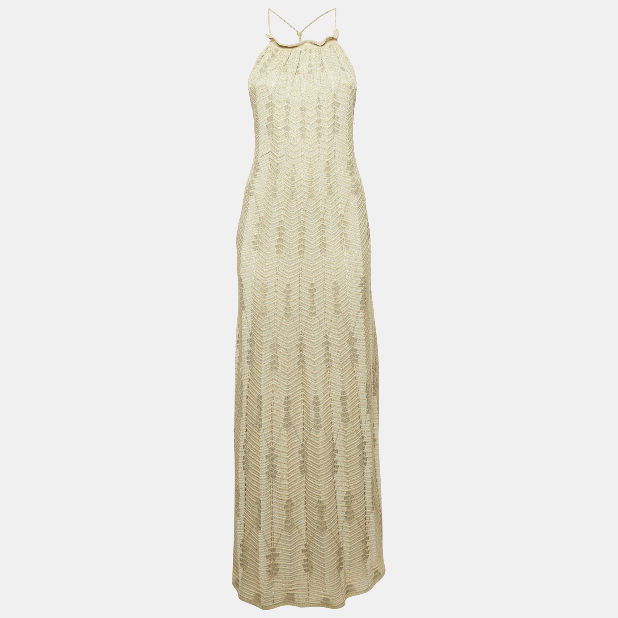 

M Missoni Green Chevron Lurex Knit Halter Neck Lace-Up Maxi Dress XL