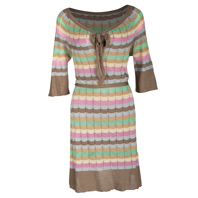 M Missoni Multicolor Perforated Striped Knit Neck Tie Detail Belted Dress L