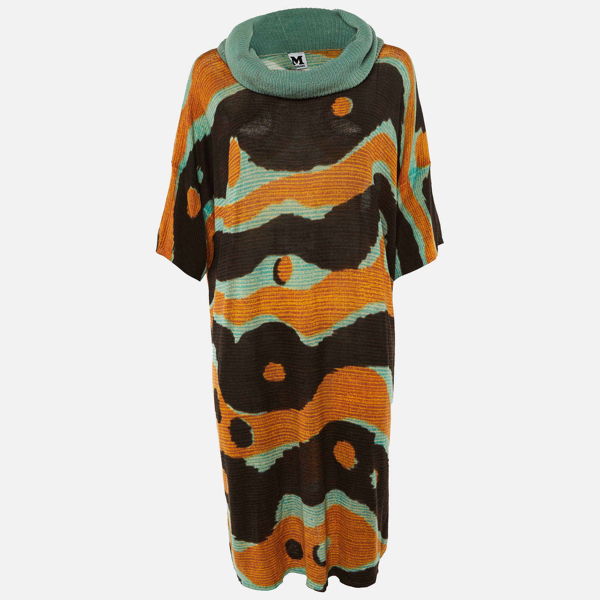 

M Missoni Multicolor Printed Knit Oversized Collar Midi Dress L