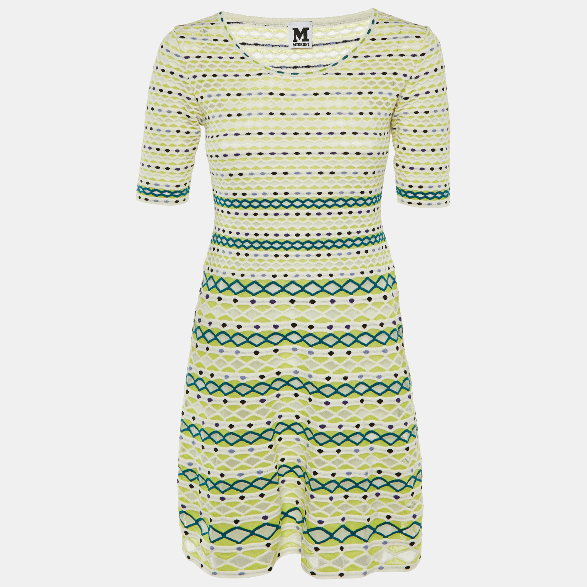 

M Missoni White & Green Intarsia Knit Mini Dress S