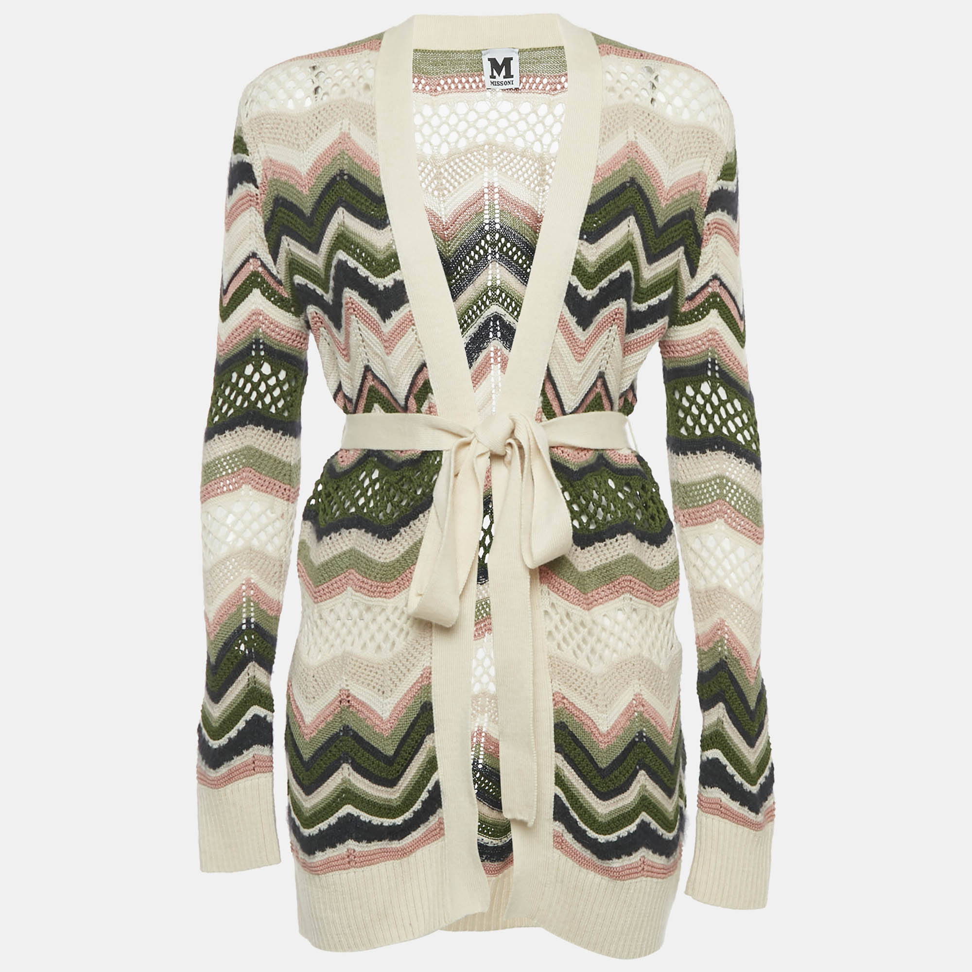 Pre-owned M Missoni Multicolor Patterned Knit Open Front Belted Cardigan S