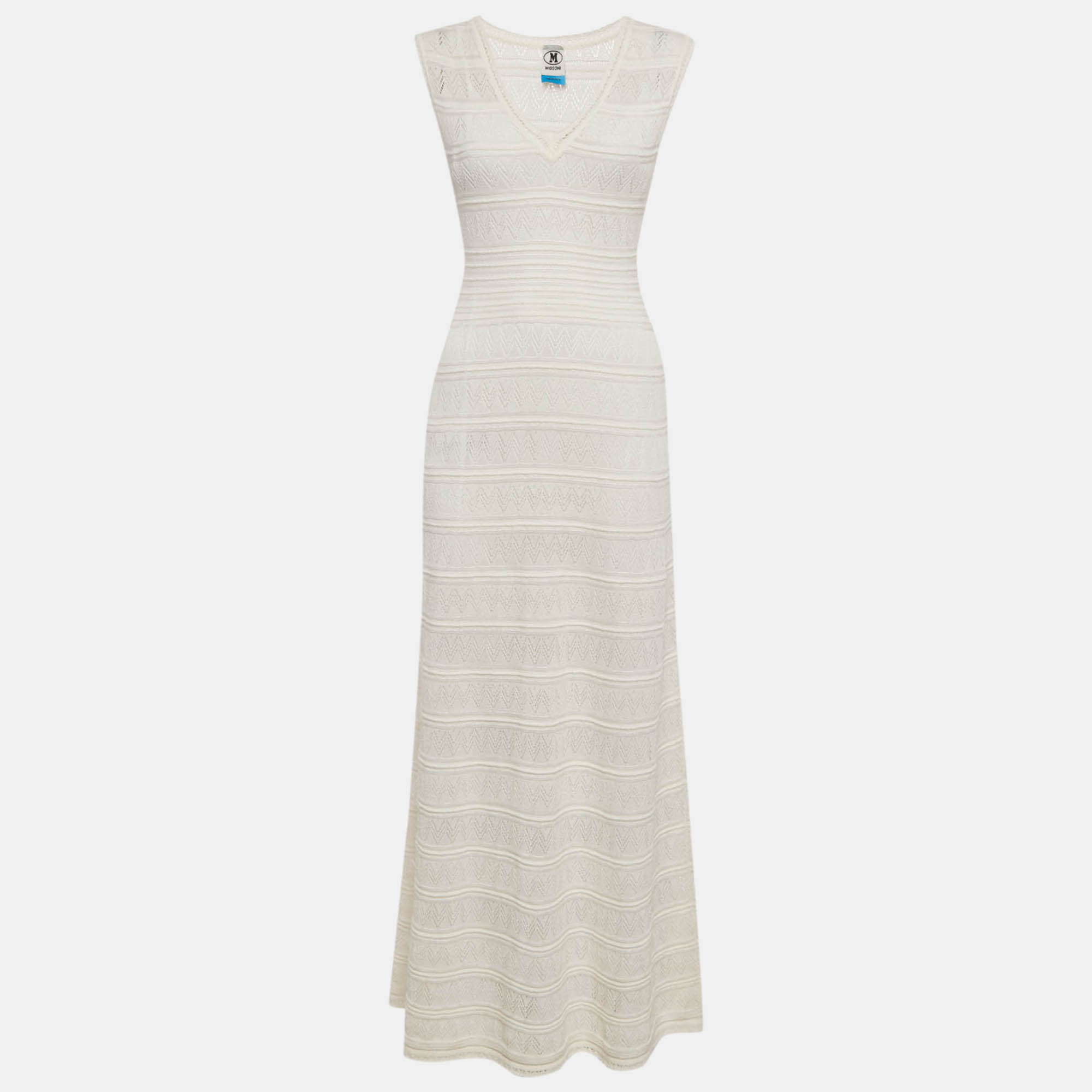 M Missoni White Zig Zag Patterned Cotton Knit Maxi Dress S