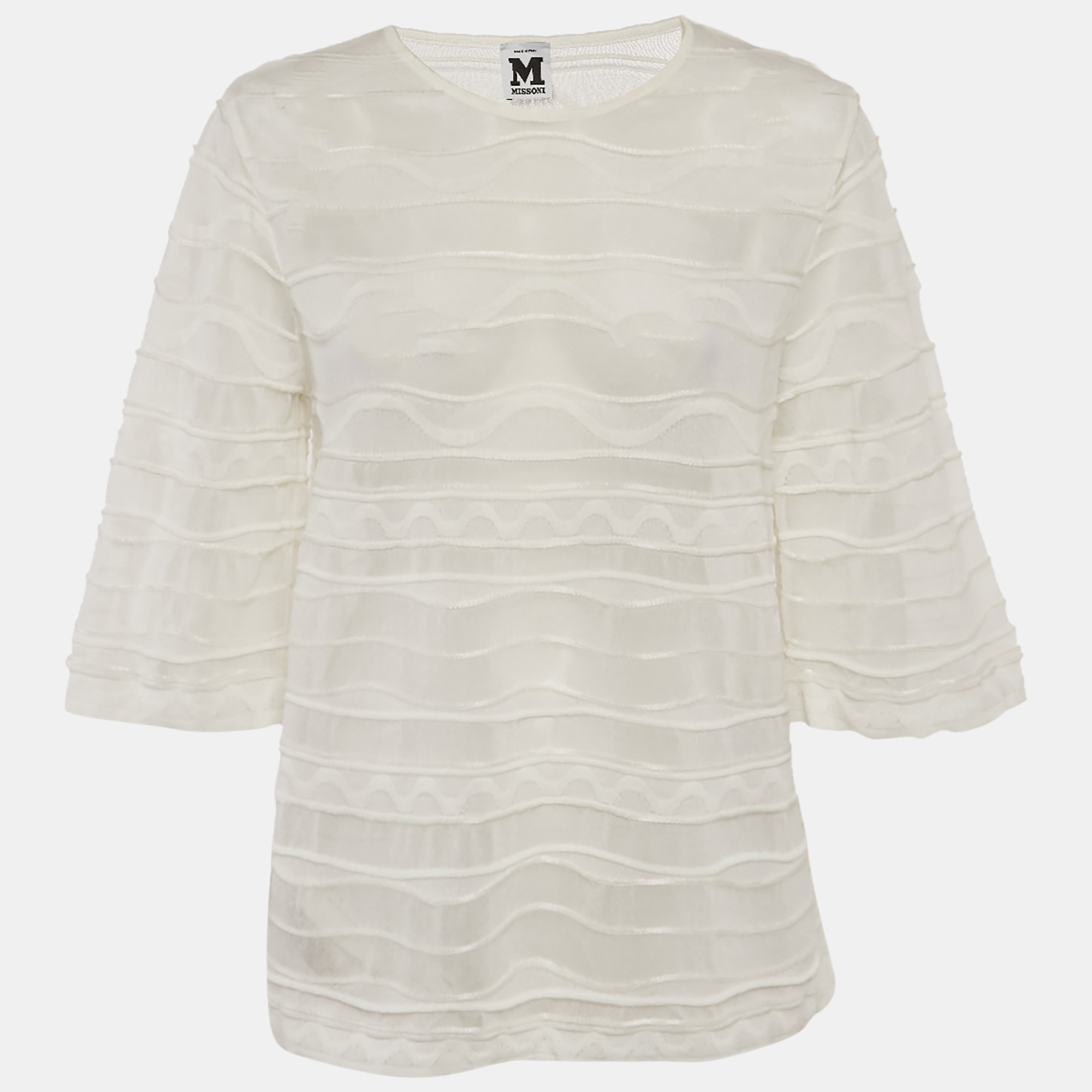 Pre-owned M Missoni White Patterned Knit Round Neck Top L