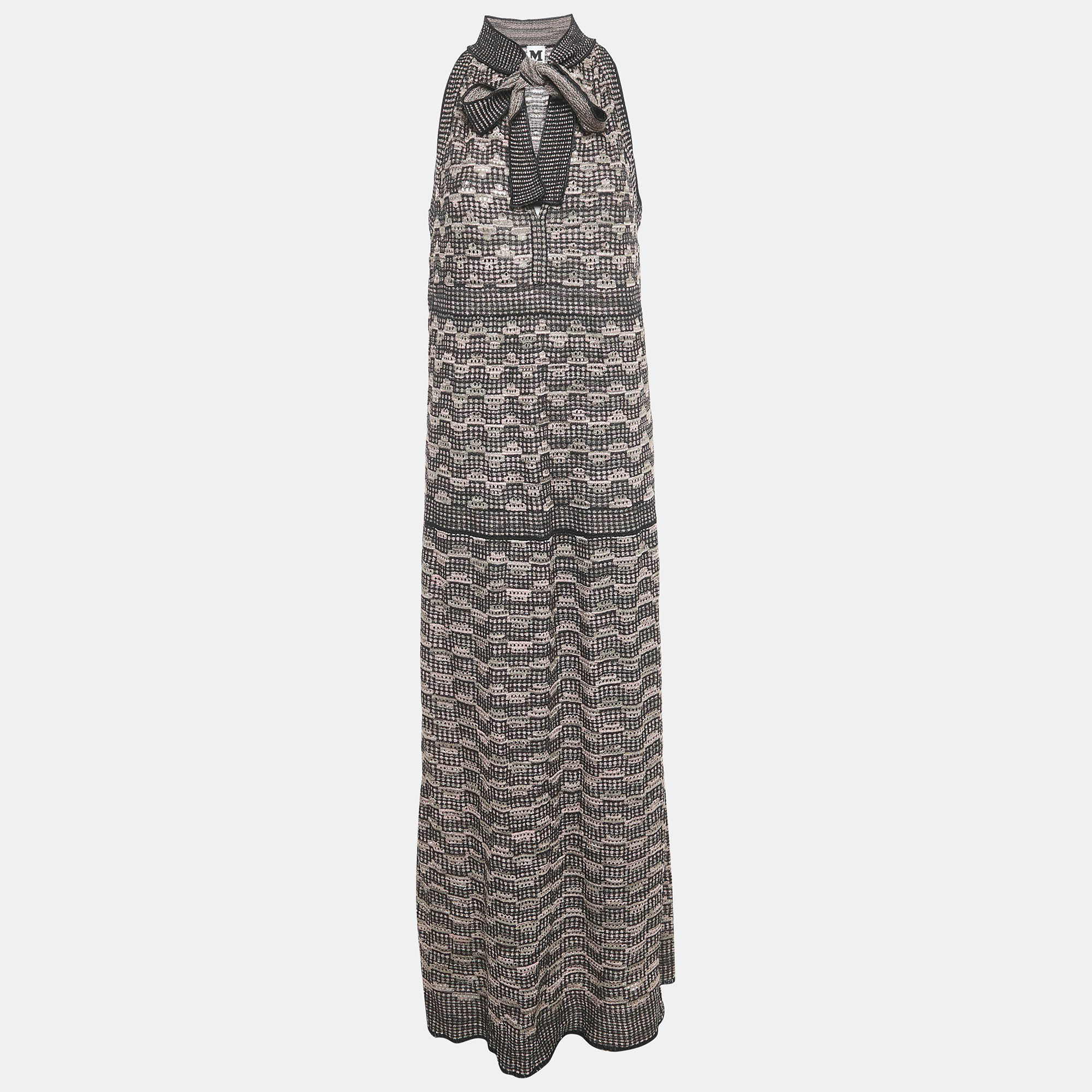 

M Missoni Black/Pink Patterned Lurex Knit Neck Tie Detail Maxi Dress S