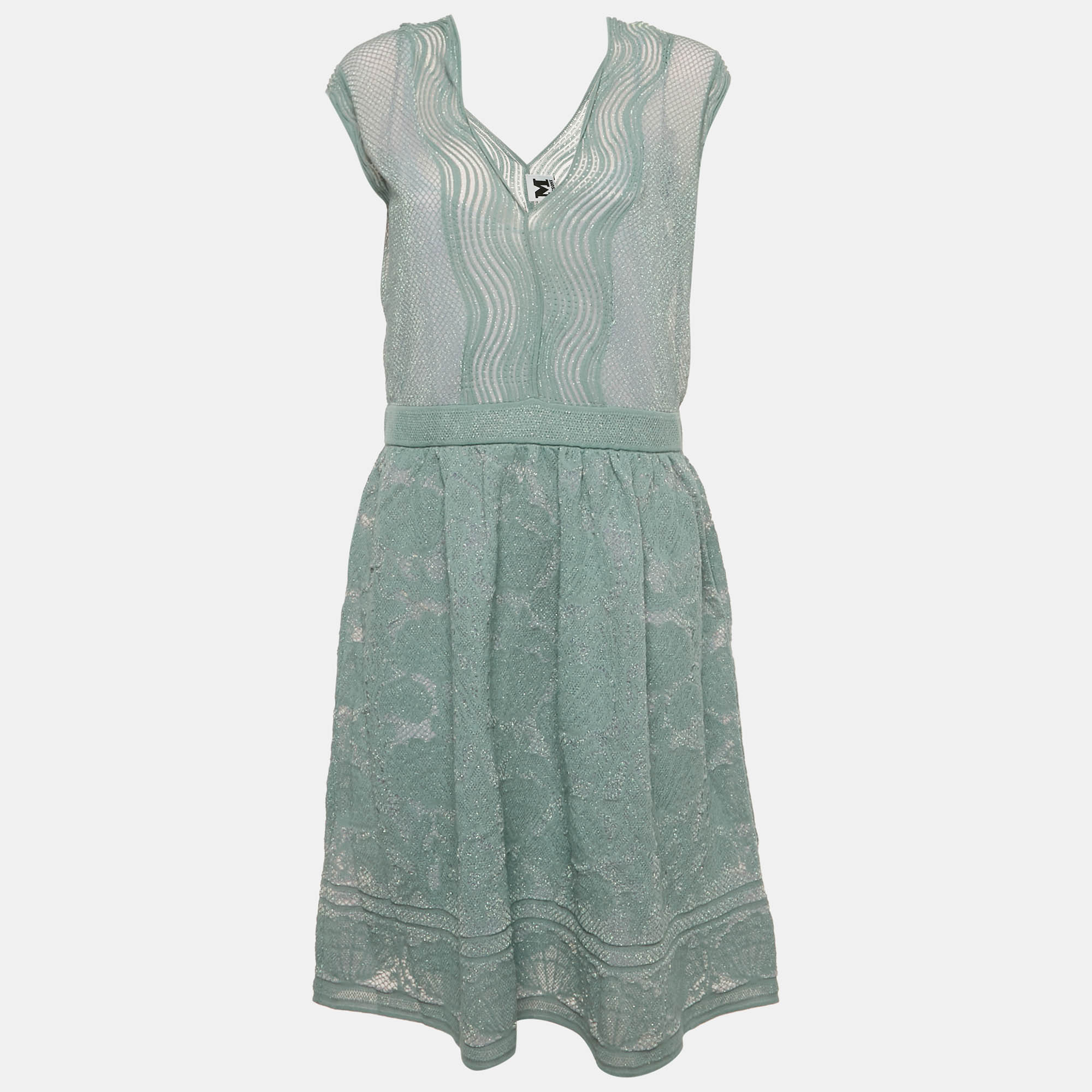 Pre-owned M Missoni Blue Patterned Lurex Knit Short Dress L