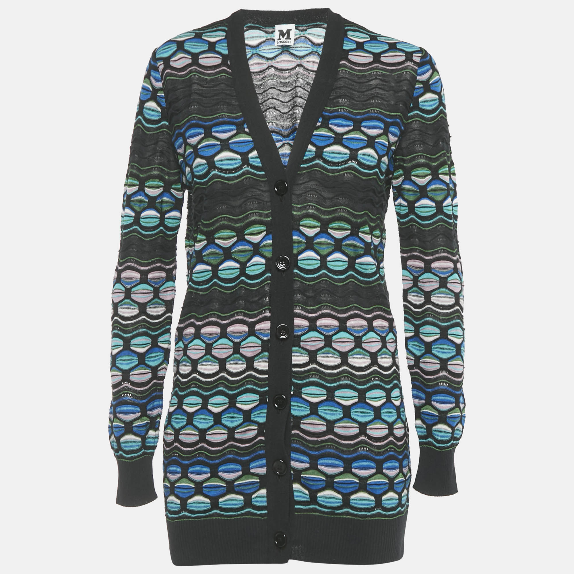 Pre-owned M Missoni Black/blue Patterned Knit Button Front Cardigan M