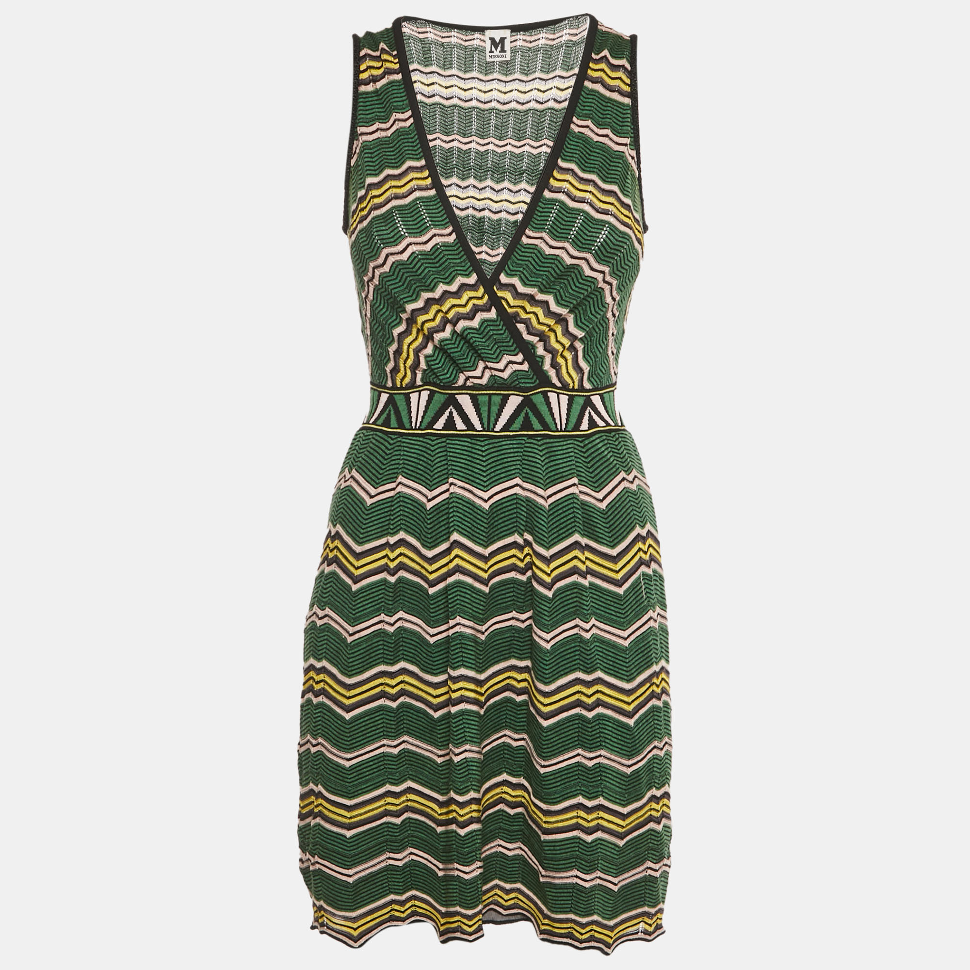 Pre-owned M Missoni Green Zig Zag Pattered Knit Mini Dress M