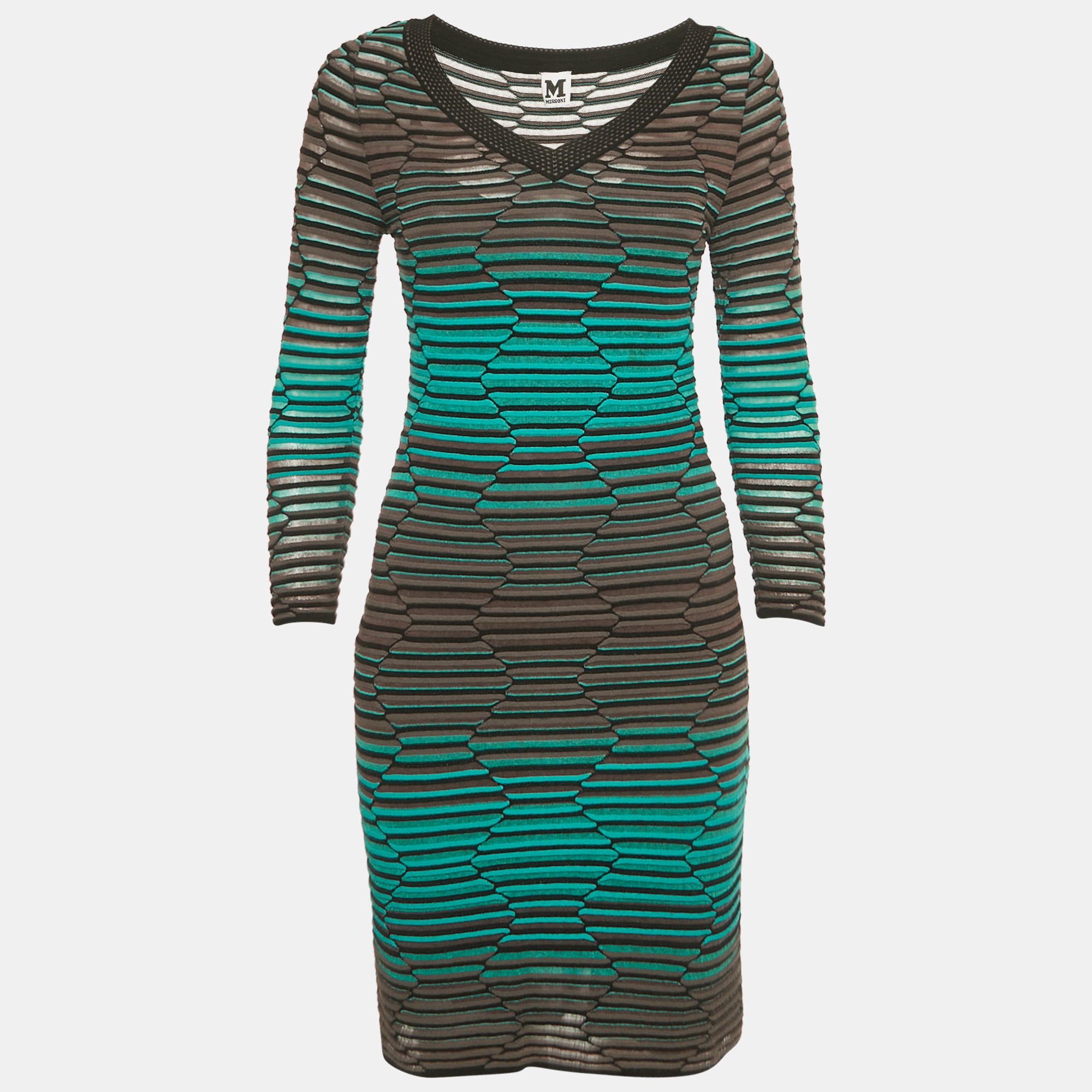 

M Missoni Blue/Grey Textured Knit V-Neck Mini Dress M