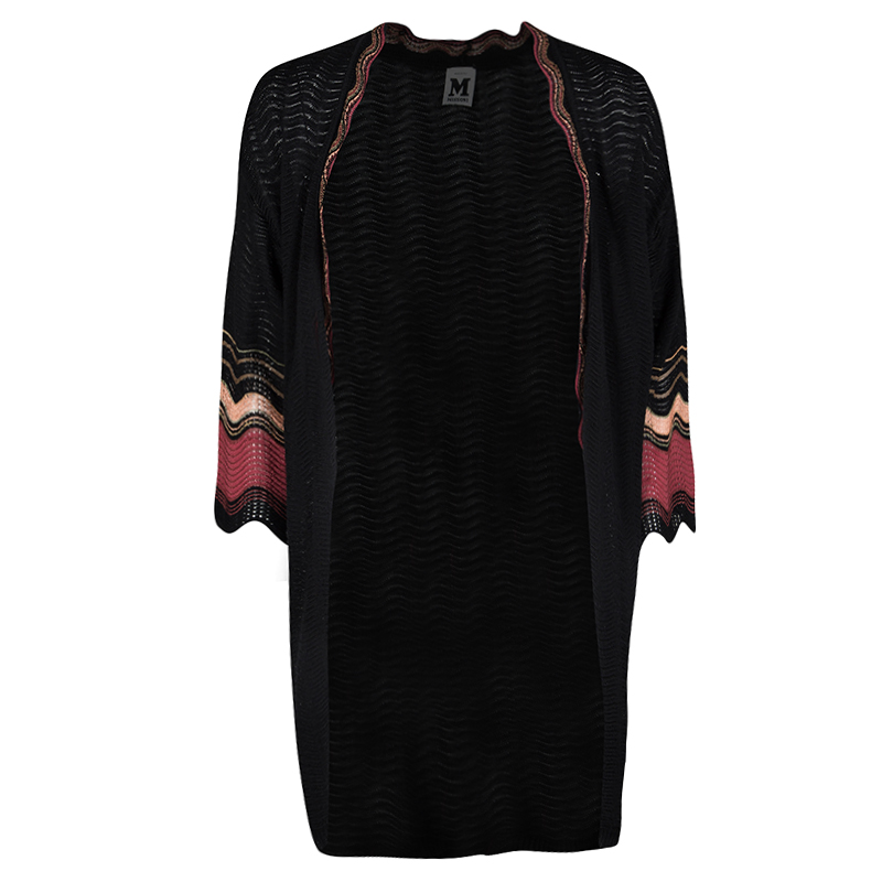 Pre Owned M Missoni Black Wool Contrast Trim Open Front Cardigan S