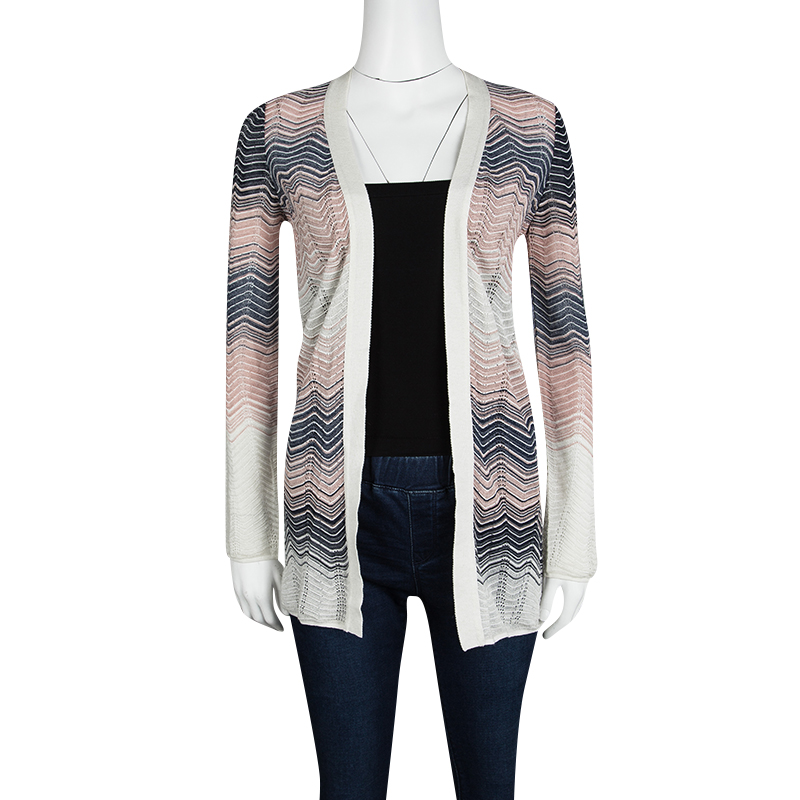 

M Missoni Multicolor Perforated Wave Pattern Knit Open Front Cardigan