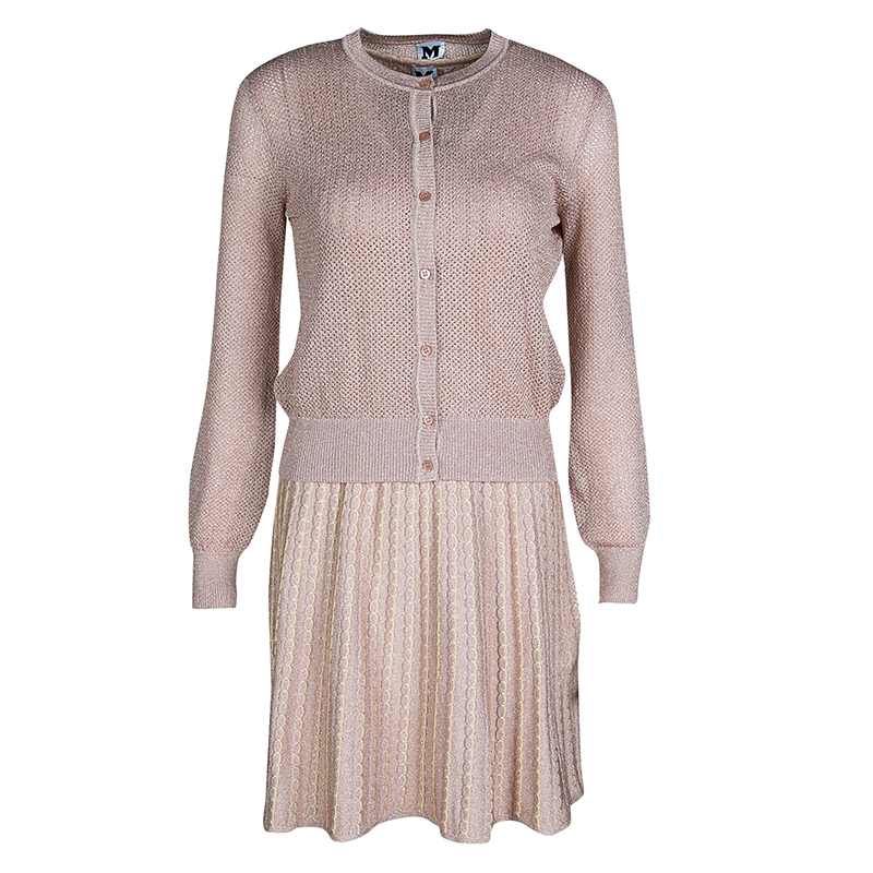 M Missoni Blush Pink Lurex Knit Patterned Dress and Perforated Cardigan Set M