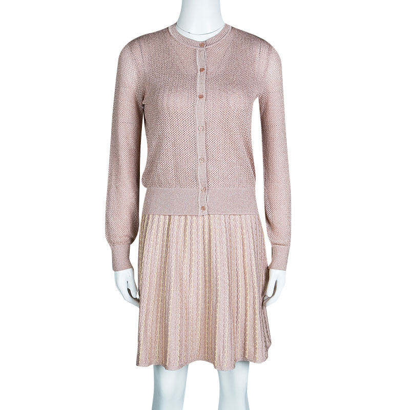 

Missoni Blush Pink Lurex Knit Patterned Dress and Perforated Cardigan Set