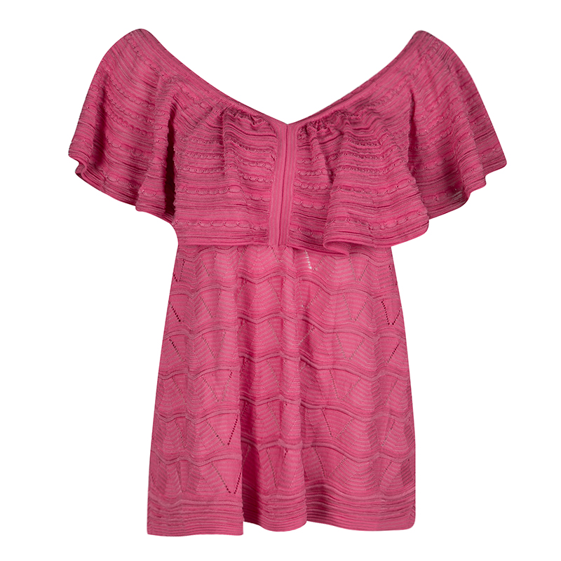 مملوكة مسبقًا M Missoni Pink Perforated Knit Ruffle Detail Off Shoulder Top M