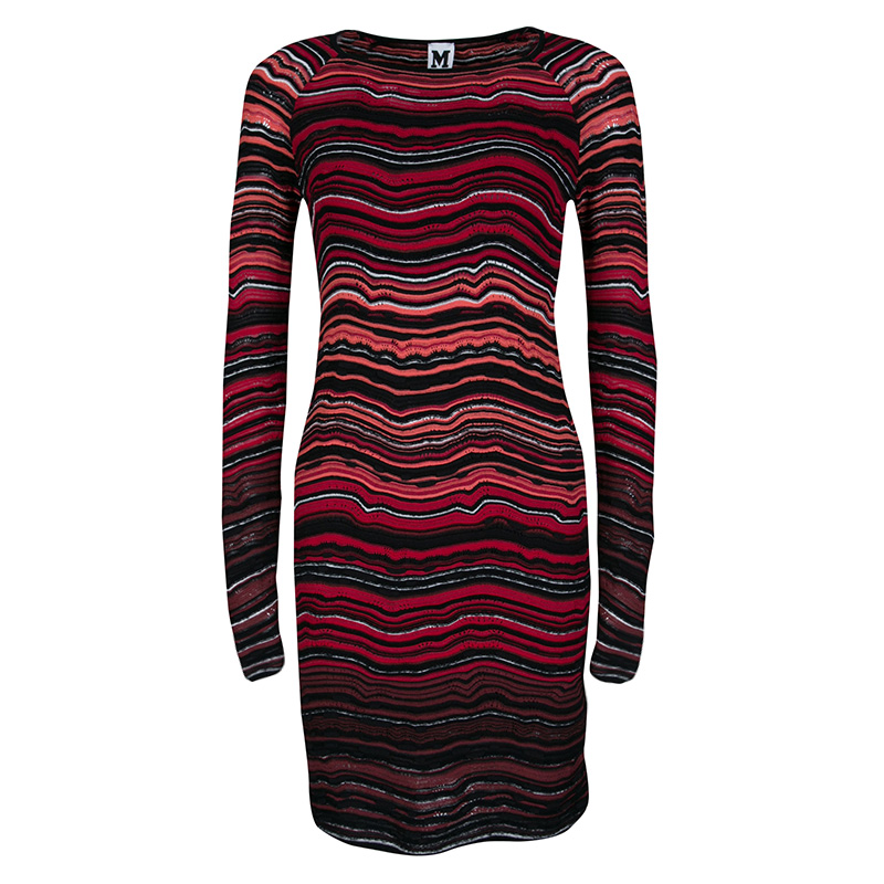 M Missoni Multicolor Wave Pattern Textured Knit Long Sleeve Dress S