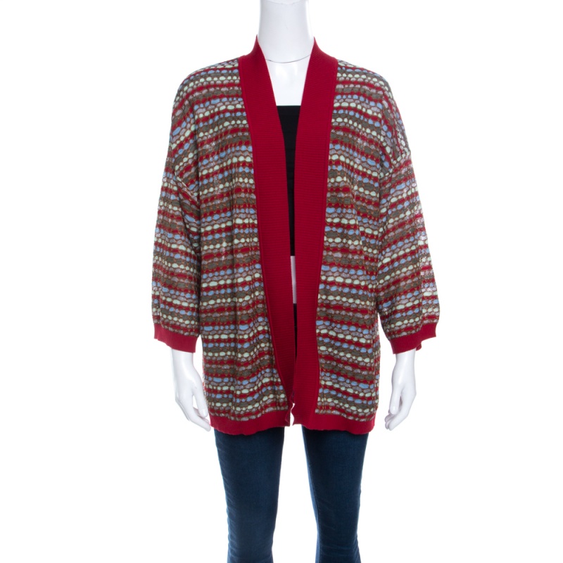 Pre Owned كارديغان إم ميزوني تريكو نمط متباين متعدد الألوان حواف مضلعة مفتوح L