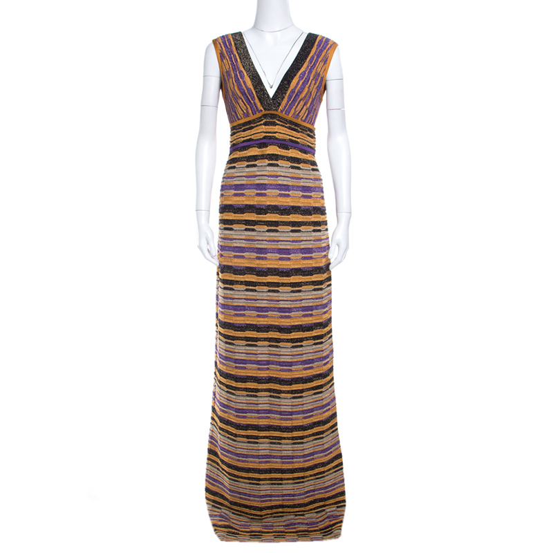 Pre Owned M Missoni Multicolor Lurex Patterned Knit Plunge Neck Maxi Dress M