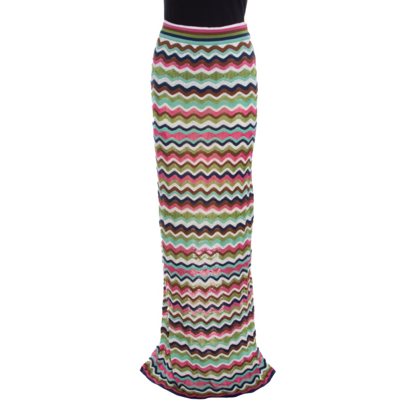 M Missoni Multicolor Wave Pattern Perforated Knit Maxi Skirt M