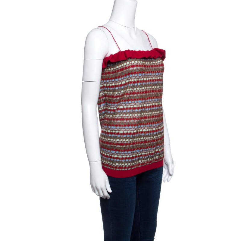 

M Missoni Multicolor Knit Ruffle Trim Noodle Strap Top