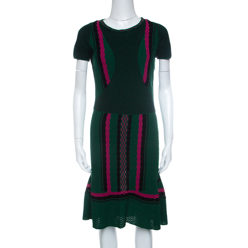 Pre Owned M Missoni Green Textured Patterned Knit Flared Bottom Dress M