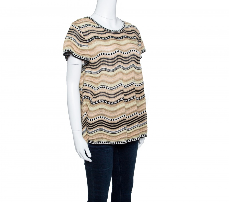 

Missoni Multicolor Lurex Perforated Knit Wave Patterned Short Sleeve Top